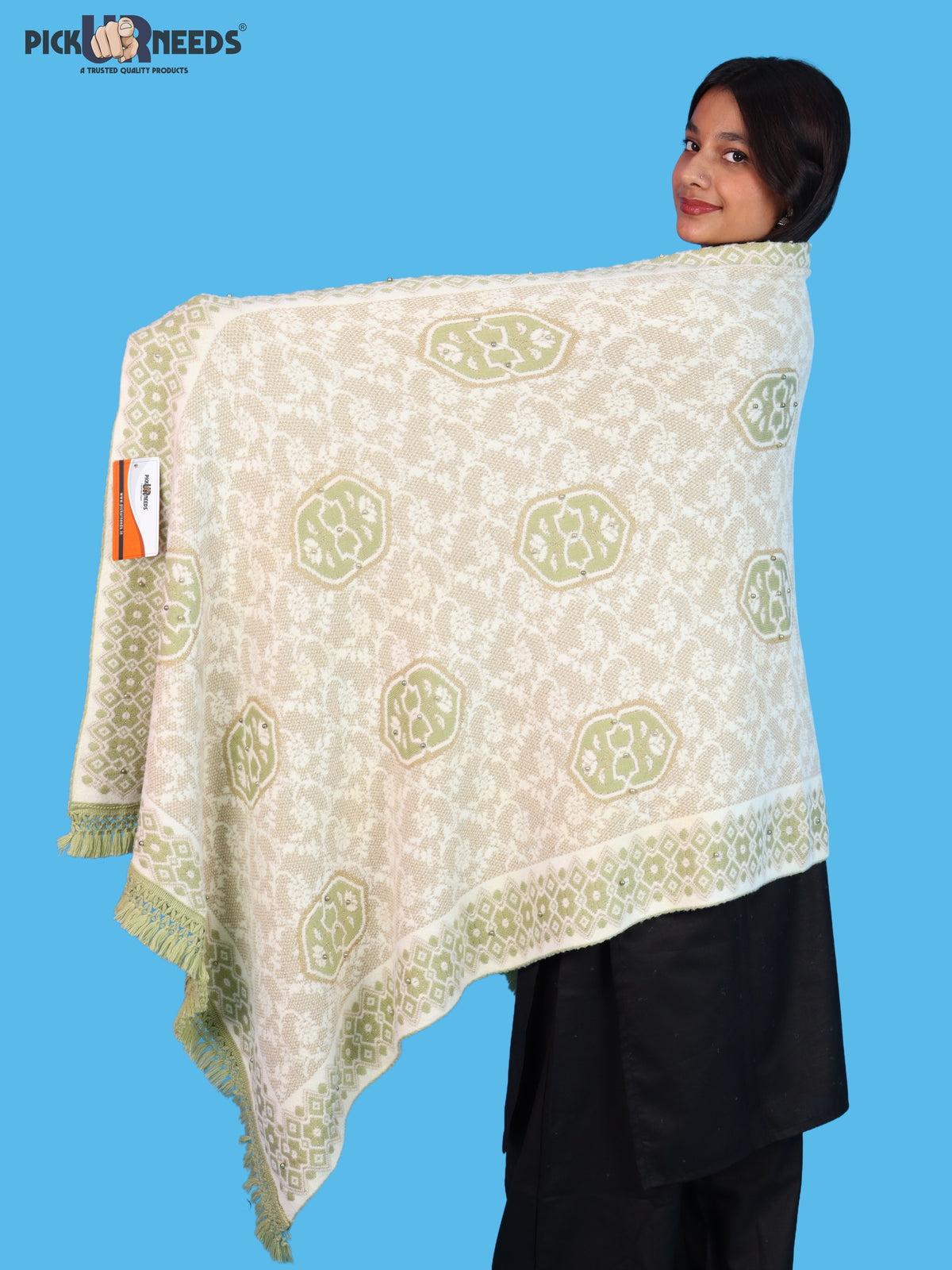 Pick Ur Needs Printed Women’s Woolen Shawl with Elegant Floral Pattern & Fur Border