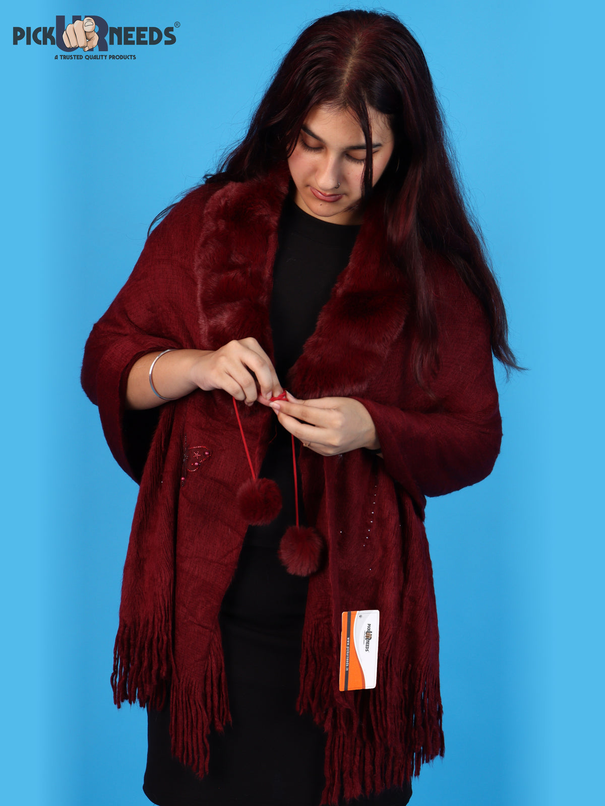 Pick Ur Needs Womens Faux Fur Collar Shrug with Pom Pom Tie Shawl Elegant Fringed Winter Wrap for Women & Girls