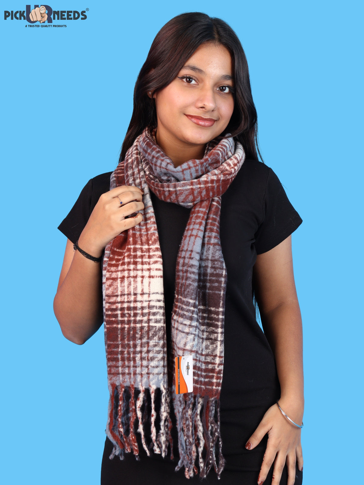 Pick Ur Needs Soft Woolen Girl's Muffler Scarf with Elegant Check Pattern,Warm & Cozy Winter Neck Wrap, Stylish Fringed Stole for Women & Girls