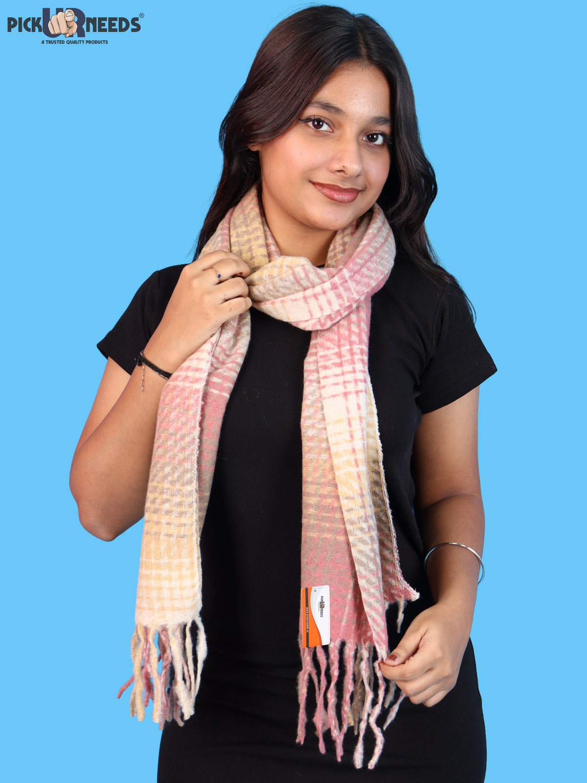 Pick Ur Needs Soft Woolen Girl's Muffler Scarf with Elegant Check Pattern,Warm & Cozy Winter Neck Wrap, Stylish Fringed Stole for Women & Girls