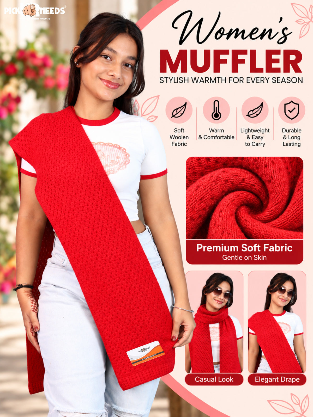 Pick Ur Needs Womens Soft Muffler Scarf, Lightweight Knitted Winter Stole, Warm & Cozy Long Neck Wrap for Women & Girls