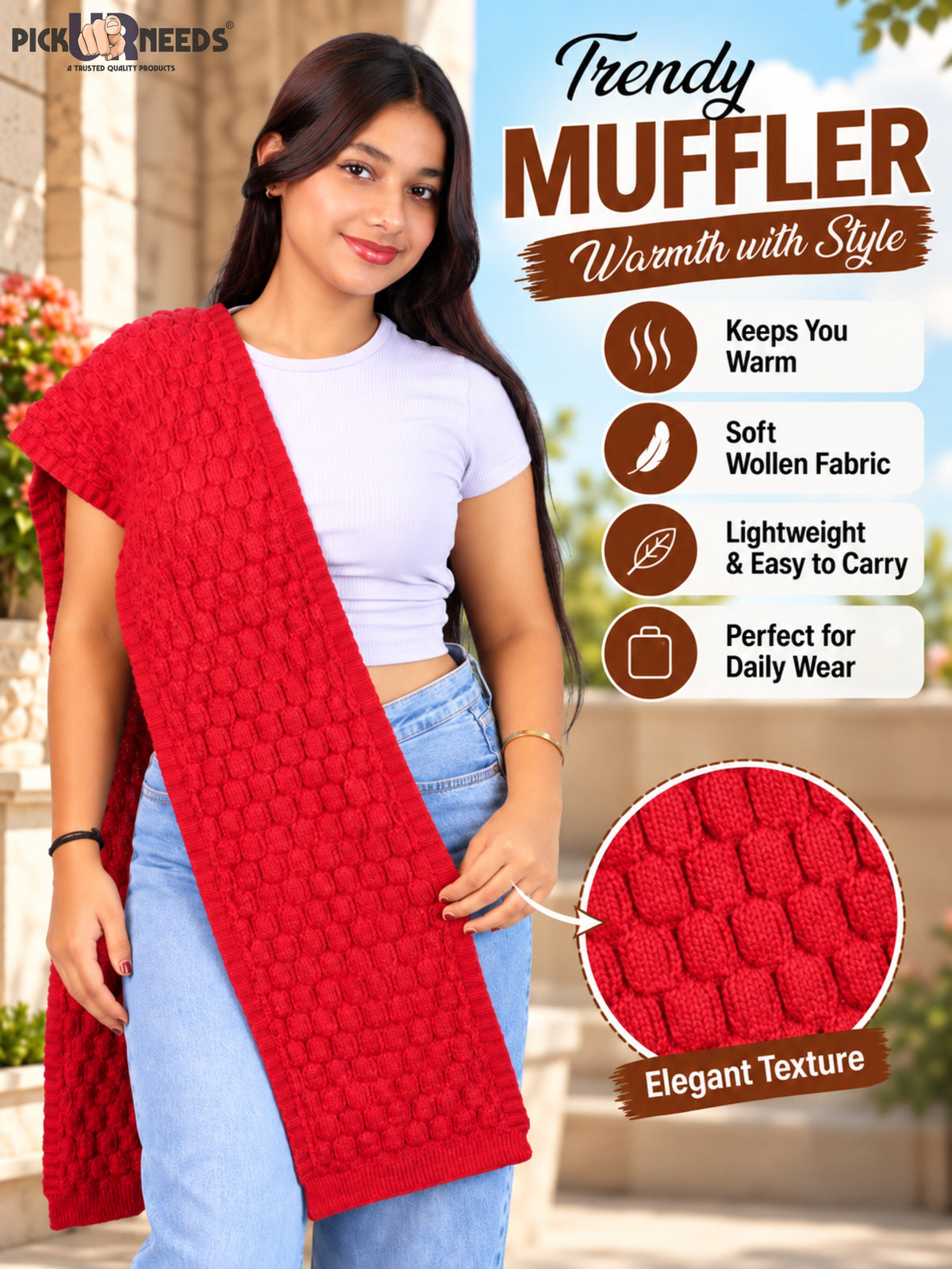 Pick Ur Needs Women and Girls Knitted Winter Muffler, Textured Woollen Scarf with Elegant Woven Pattern, Soft Warm Lightweight Neck Wrap
