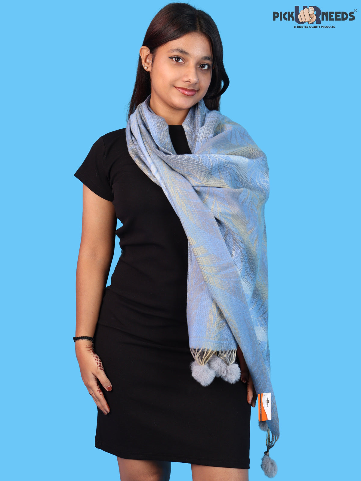 Pick Ur Needs Womens Designer Woolen Shawl & Stole with Elegant Leaf Pattern and Pom Pom Tassels, Winter Soft Warm Lightweight Winter Wrap
