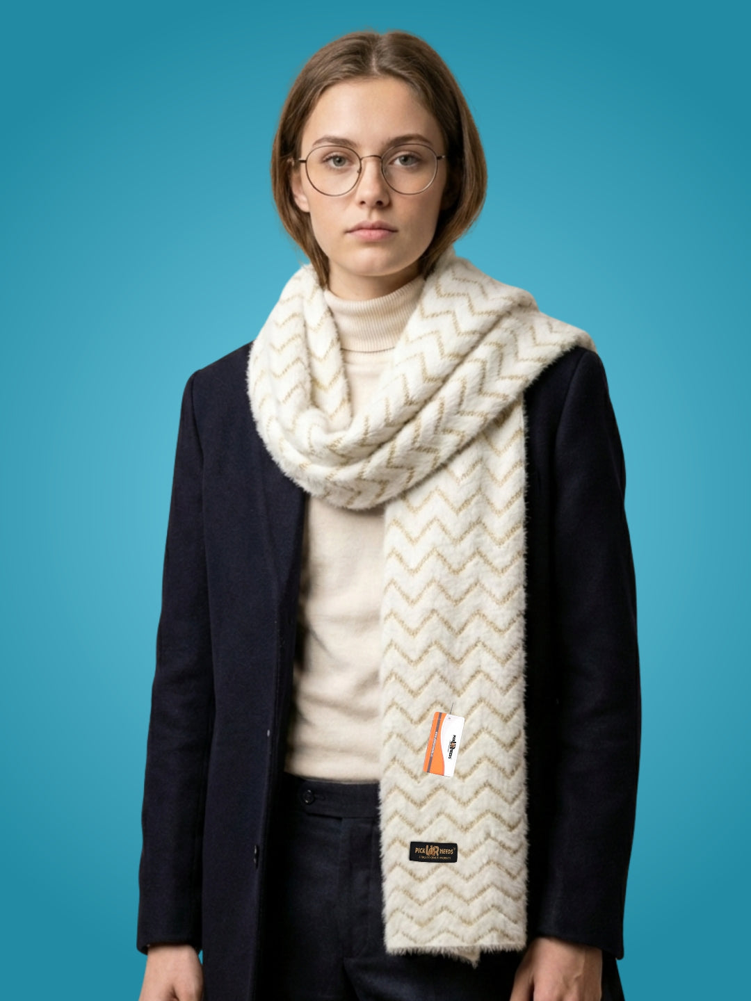 Pick Ur Needs Premium Woolen Winter Muffler with Gold Zigzag Pattern | Soft, Warm & Stylish Scarf for Women