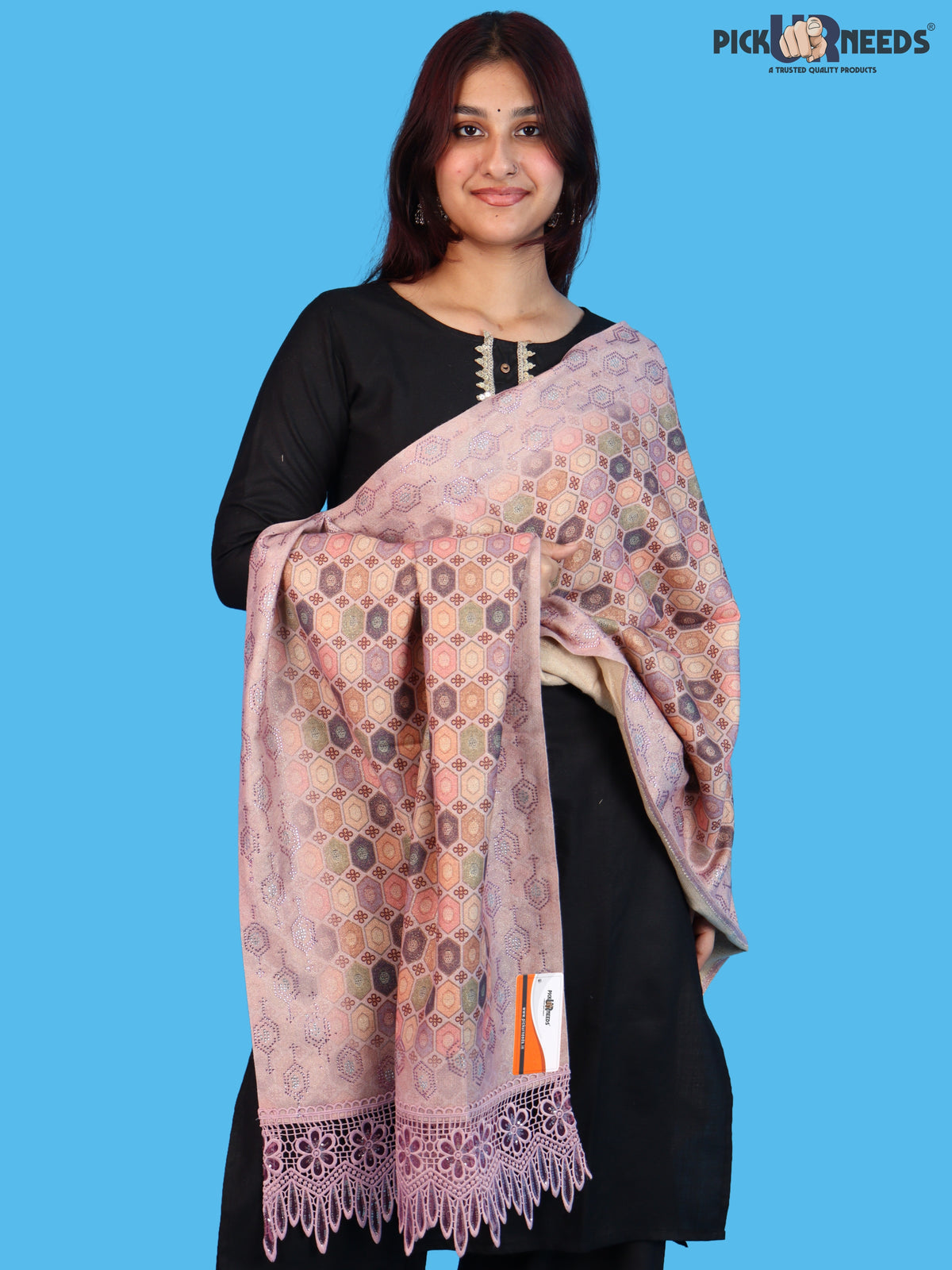 Pick Ur Needs Premium Stylish Womens & Girls Elegant Woolen Shawl Soft Warm Printed Stole with Lace Tassels