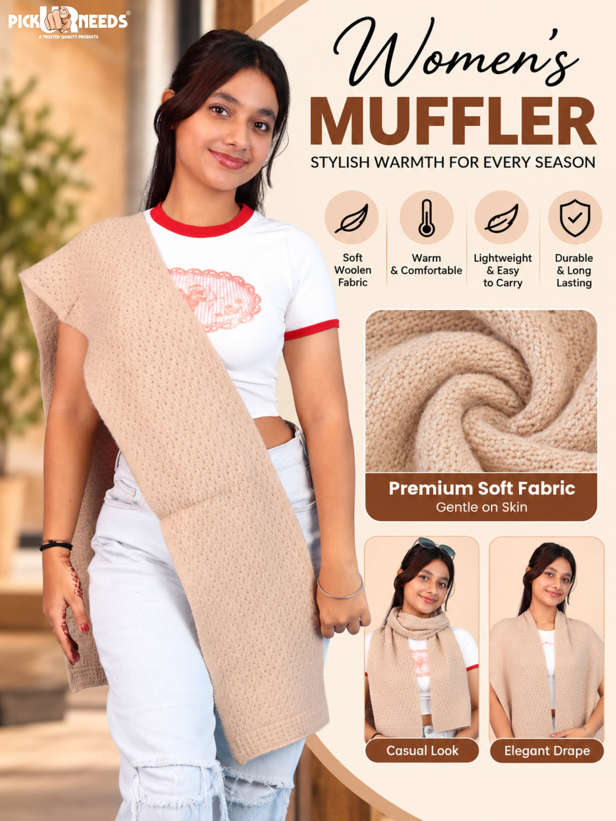 Pick Ur Needs Womens Soft Muffler Scarf, Lightweight Knitted Winter Stole, Warm & Cozy Long Neck Wrap for Women & Girls