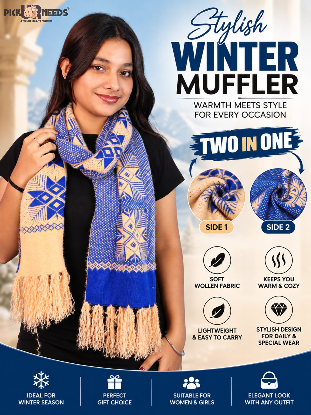 Pick Ur Needs Women & Girls Reversible Knitted Winter Muffler, Soft Warm Woollen Scarf with Geometric Pattern and Tassels, Lightweight Dual-Sided Winter Wrap