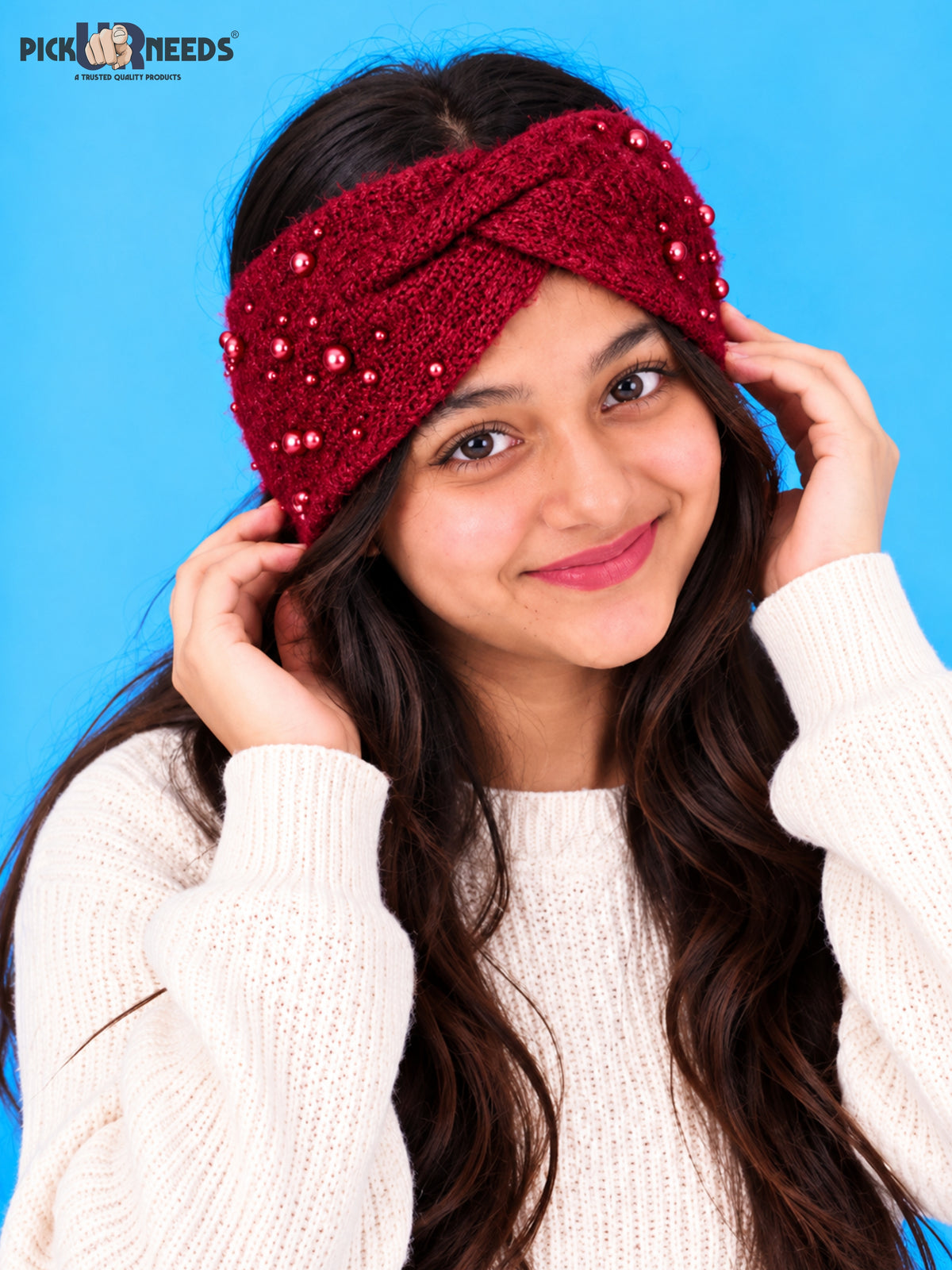 Pick Ur Needs Winter Ear Warmer Kanpatti Soft Woolen Headband with Elegant Pearl Design Warm Stretchable For Womens & Girls