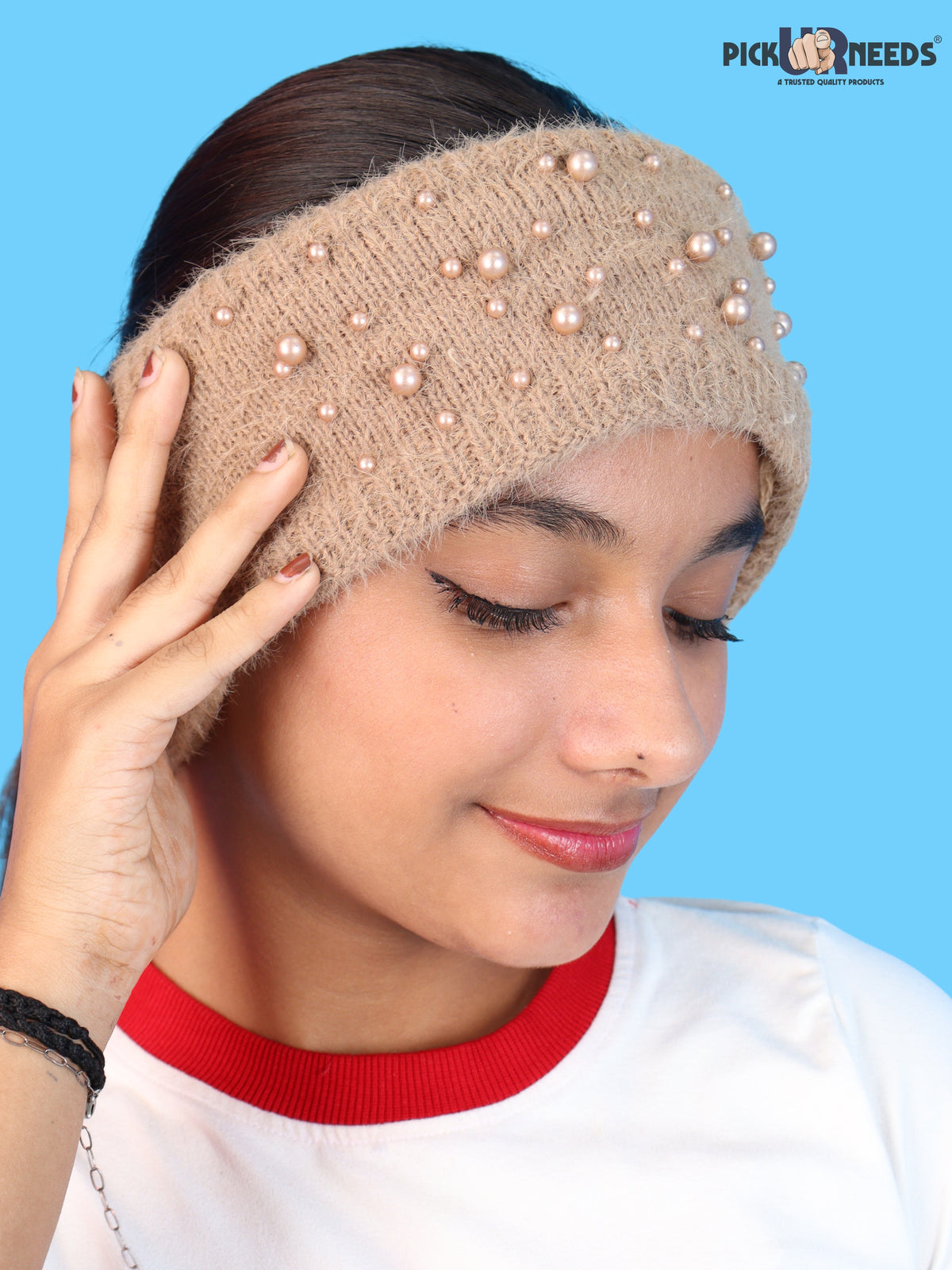Pick Ur Needs Womens & Girls Soft Woolen Headband with Elegant Pearl Design Warm Stretchable Winter Ear Warmer Kanpatti.