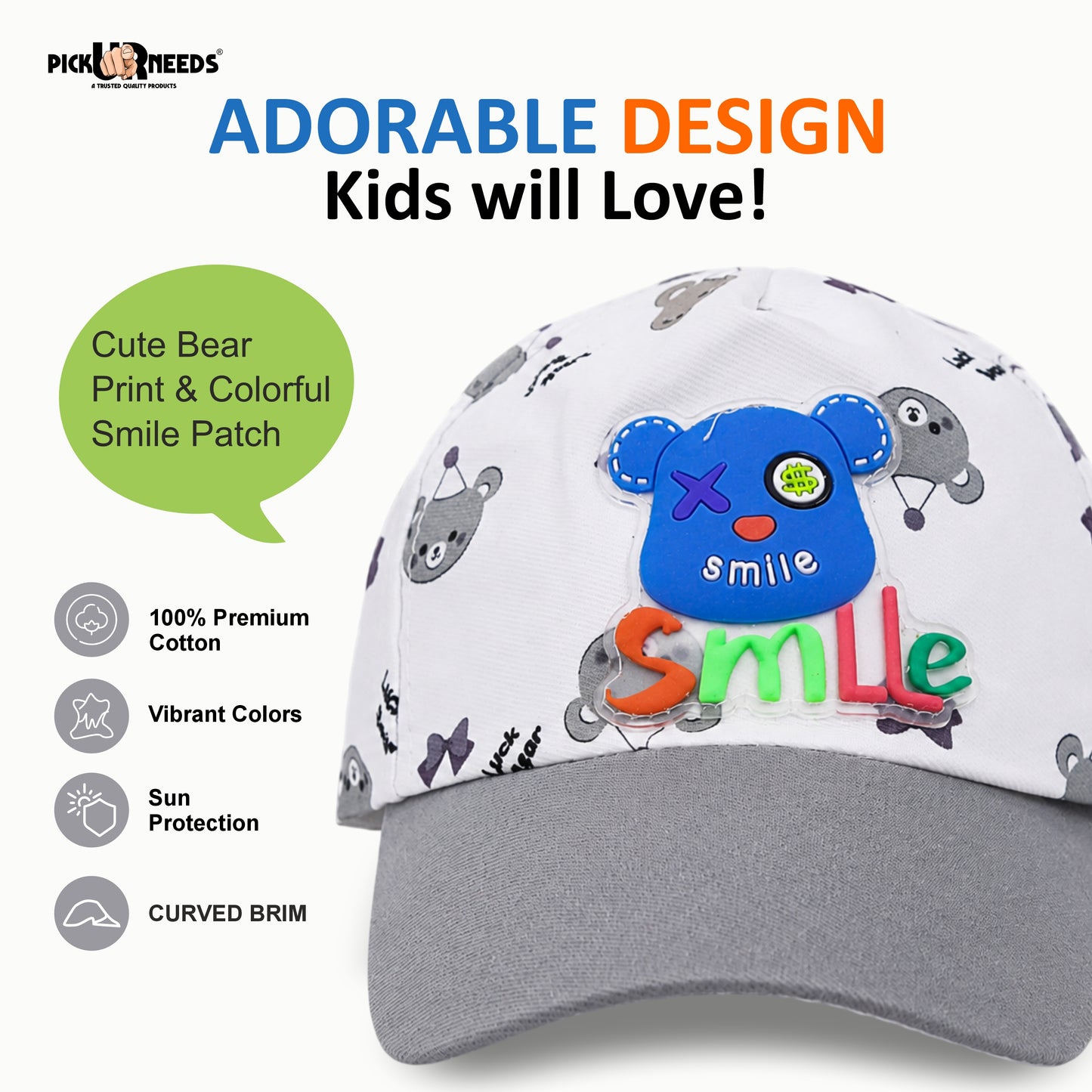 Pick Ur Needs Cute Smile Bear Kids Baseball Cartoon Printed Adjustable Cap for Boys & Girls Lightweight Hat