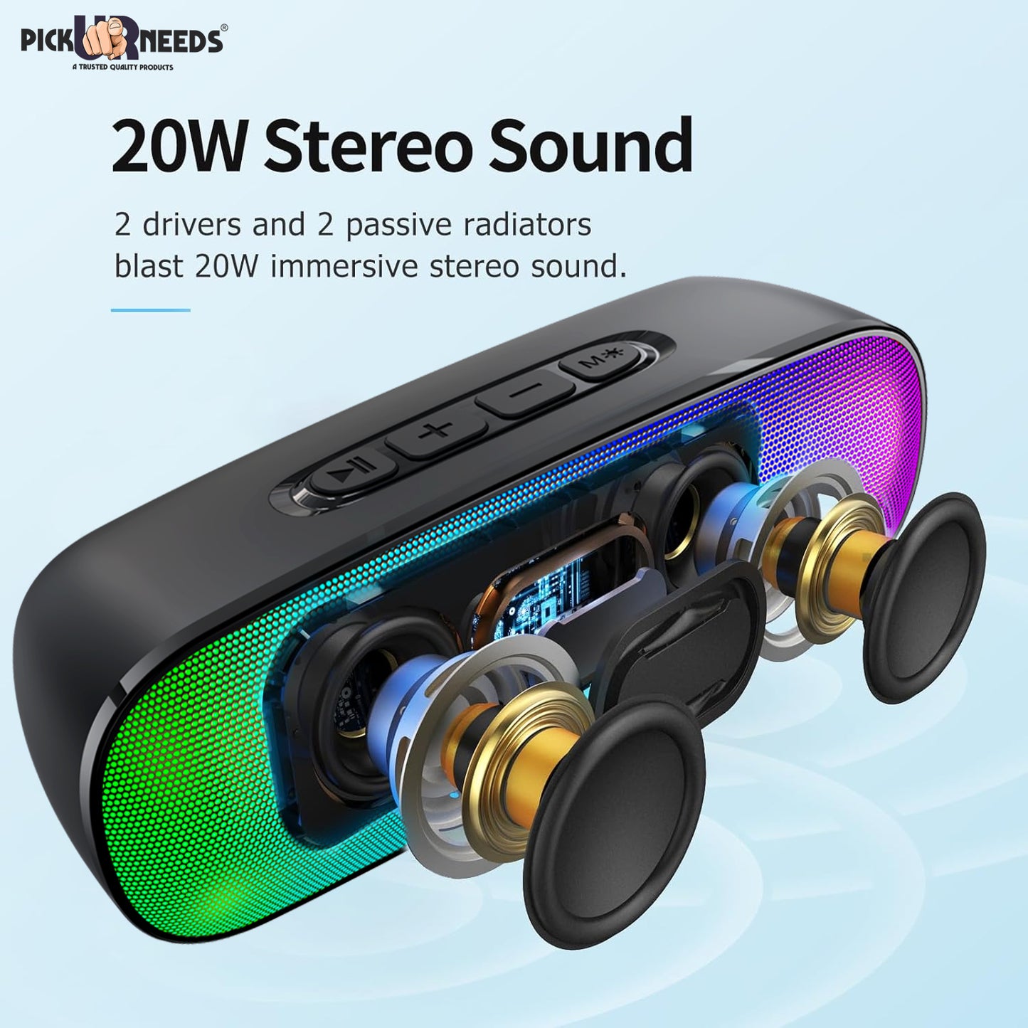 Pick Ur Needs 12W Bluetooth Speaker with RGB Disco Lights, 1200mAh Rechargeable Battery, Wireless Portable Speakers with FM Radio, USB & TF Card Support
