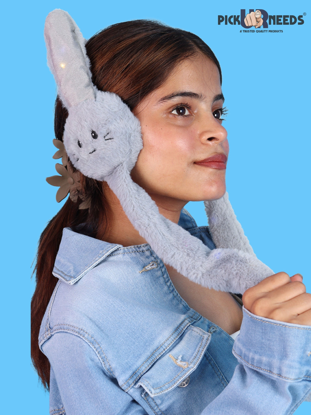 Pick Ur Needs Plush Bunny Cute Earmuffs for Girls & Women with RGB LED Lights,Ultra Soft Warm Winter Moving Flapping Ears Muffs