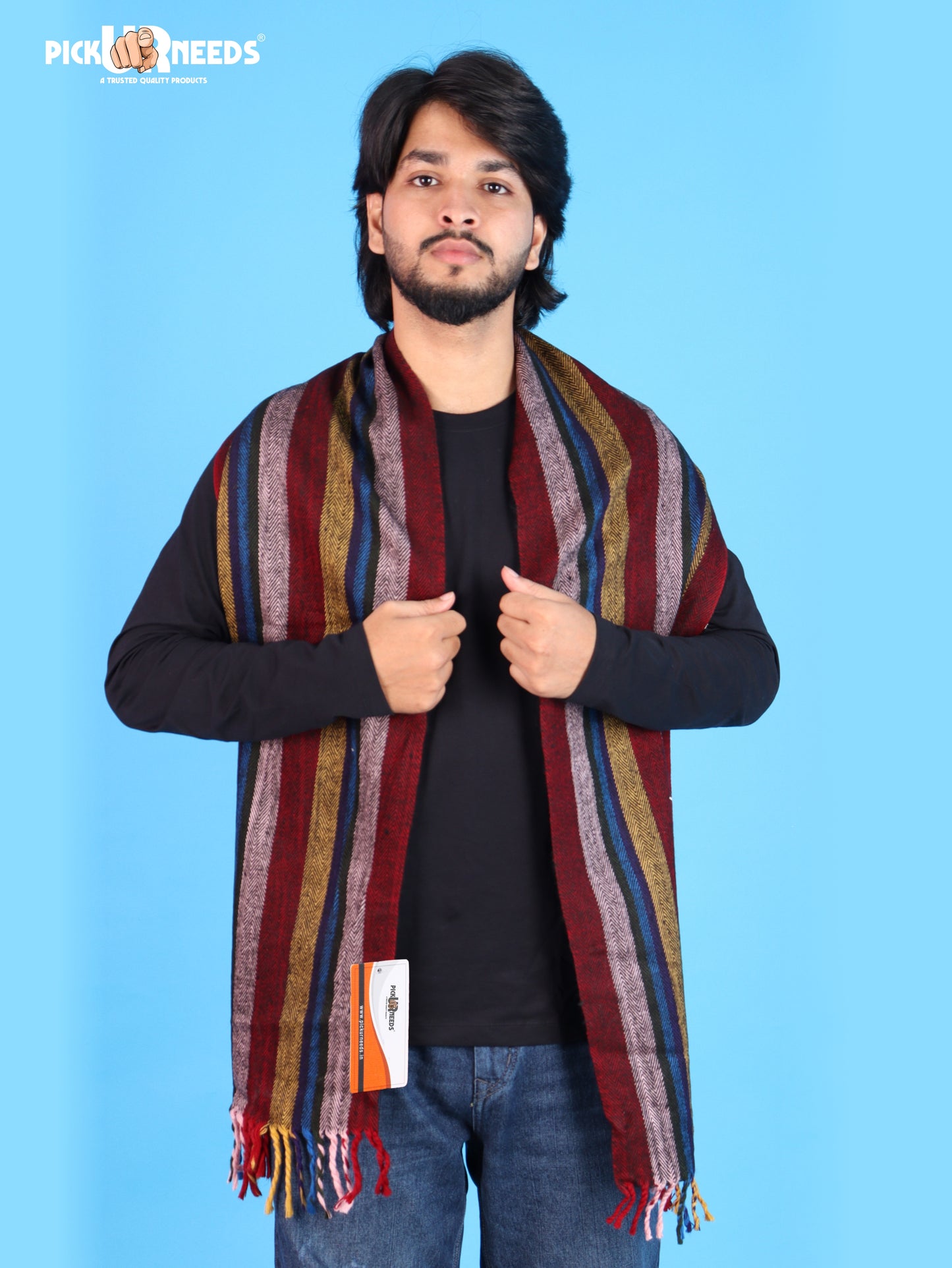 Pick Ur Needs Men's Muffler With Multi Color Strips Design Woolem Blend Fabric Stylish Tussles Ends Muffler For Men