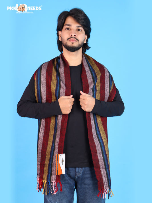 Pick Ur Needs Men's Muffler With Multi Color Strips Design Woolem Blend Fabric Stylish Tussles Ends Muffler For Men