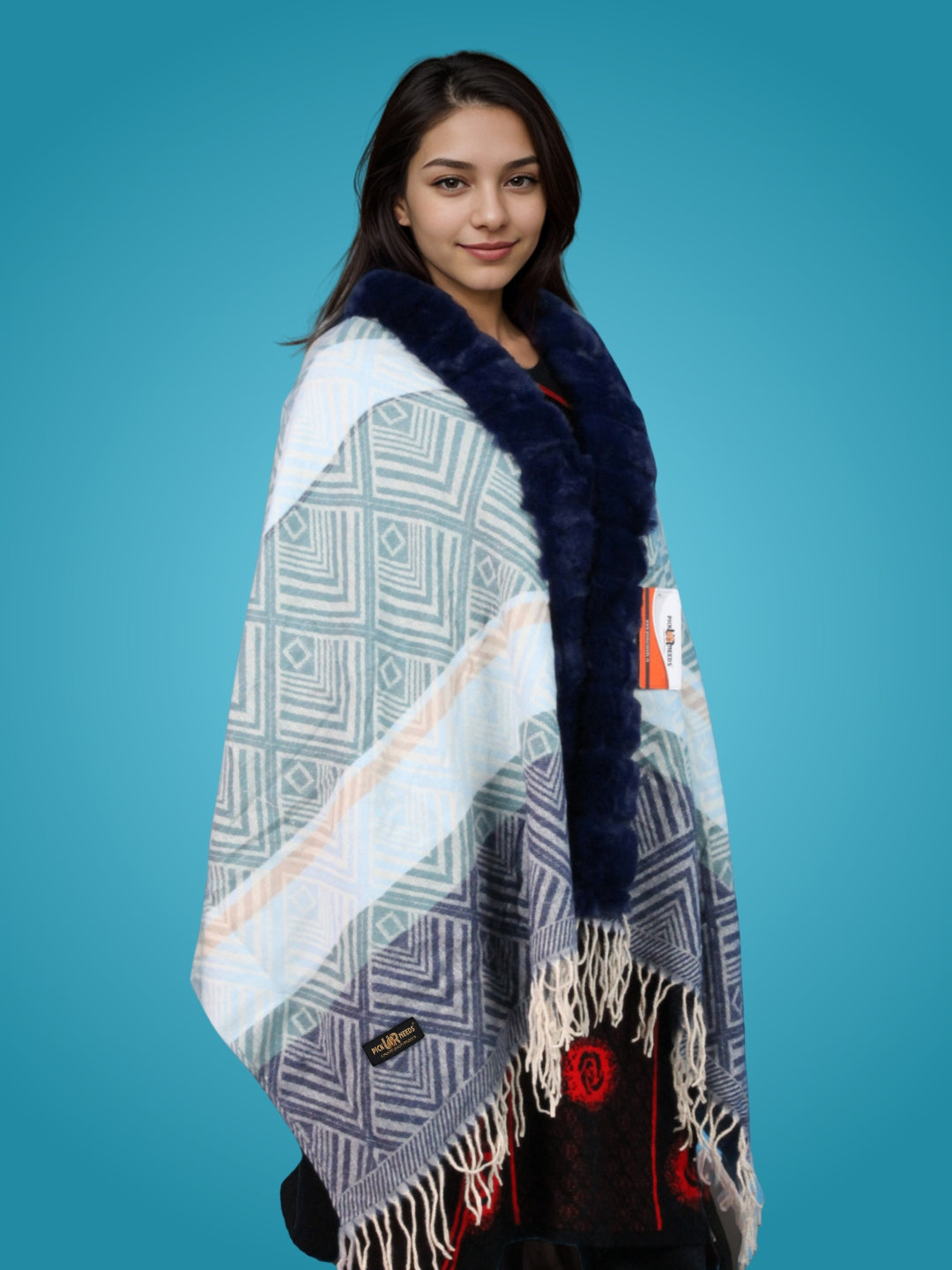 Pick Ur Needs Women's Winter Geometric Printed Faux Fur Border Shawl with Tassels  Soft Warm Wrap Stole for Casual, Party & Travel