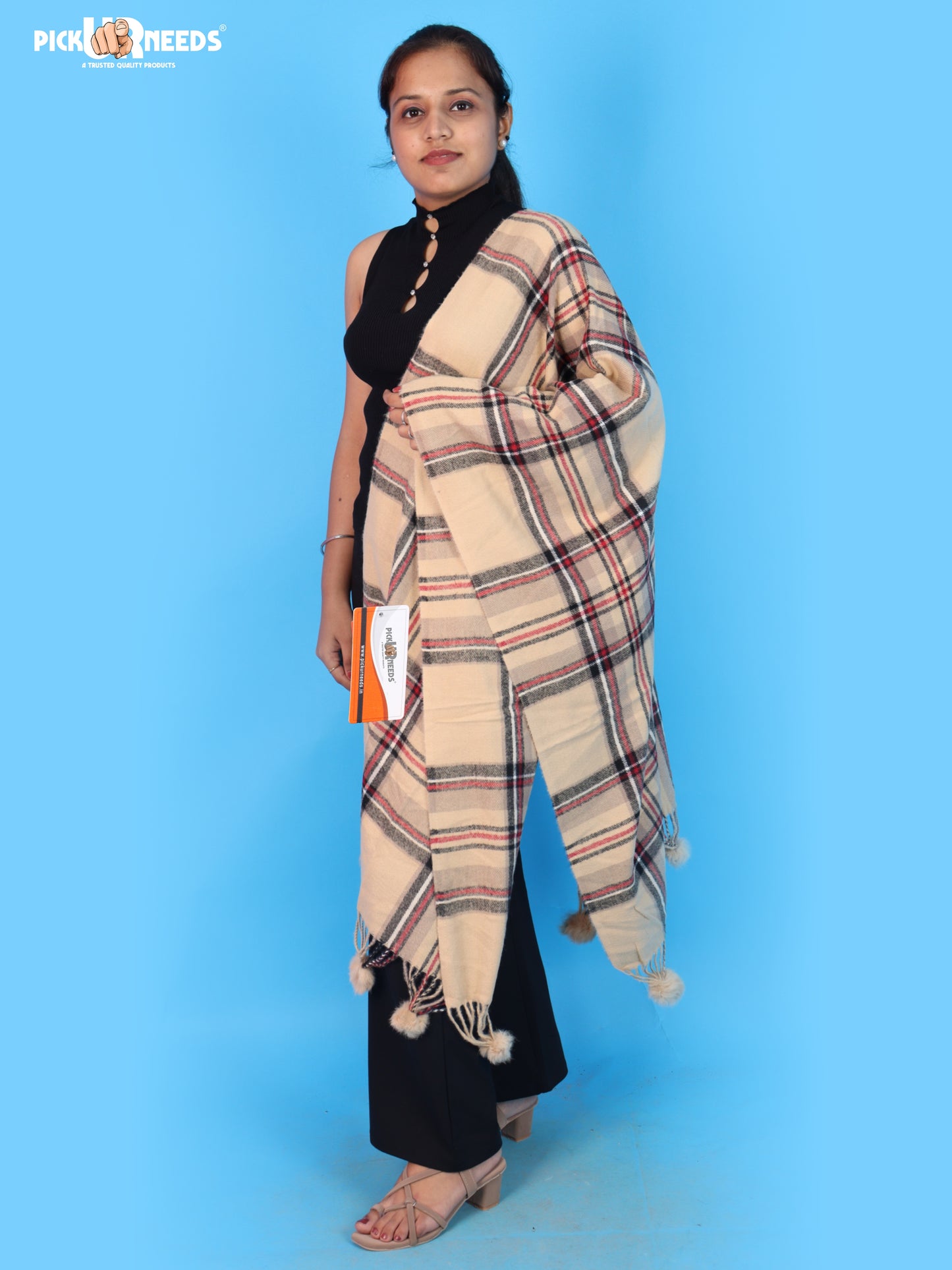 Pick Ur Needs Premium Womens Fashion Stole with Contemporary Check Weave, Decorative Fur Pom Tassels & Multi-Style Winter Wrap Shawl