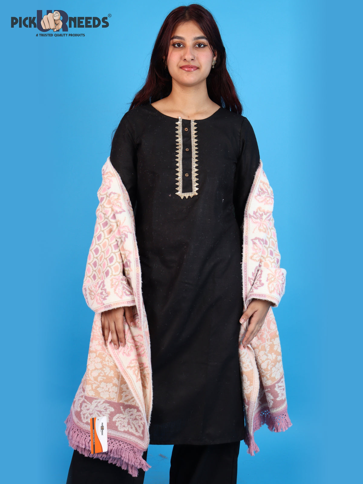 Pick Ur Needs Womens & Girls Winter Premium Shawl Floral Patterned Wool Blend Wrap with Decorative Border & Fringe Finish