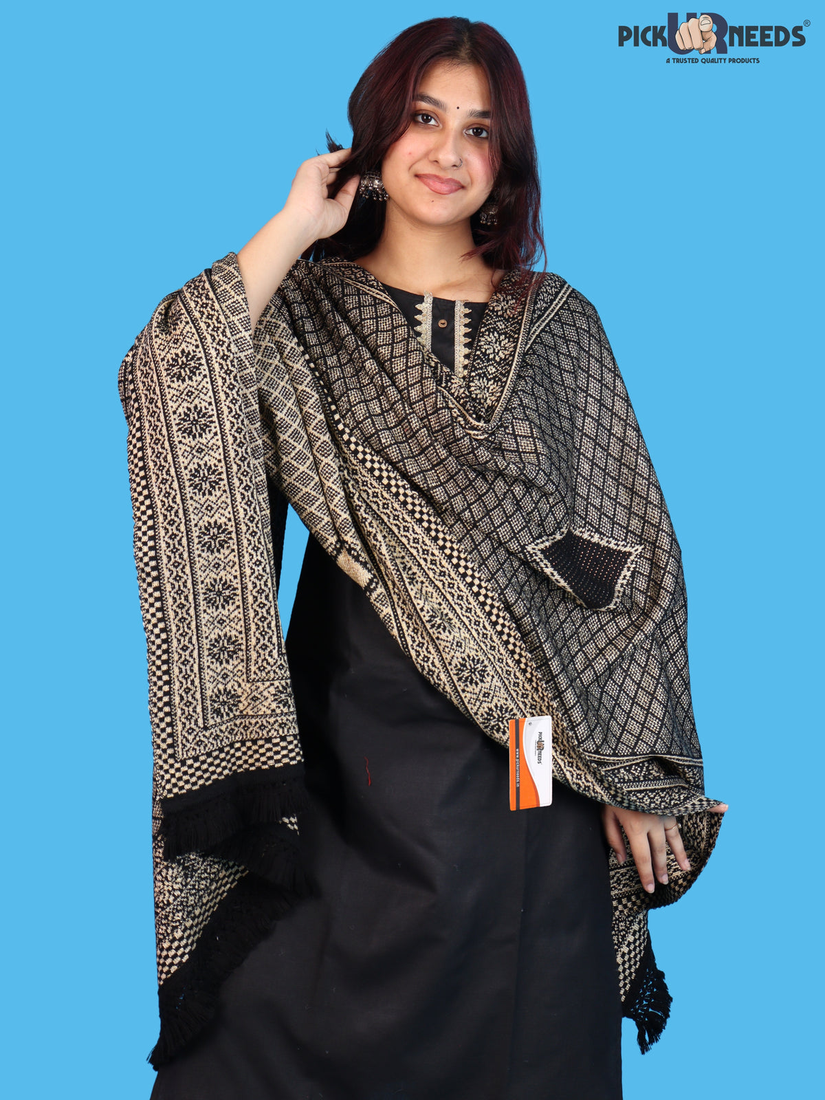 Pick Ur Needs Women & Girls Designer Shawl Stole with Elegant Woven Floral & Geometric Pattern, Soft Warm Winter Wrap with Fringed Border, Stylish Shoulder Scarf for Ladies