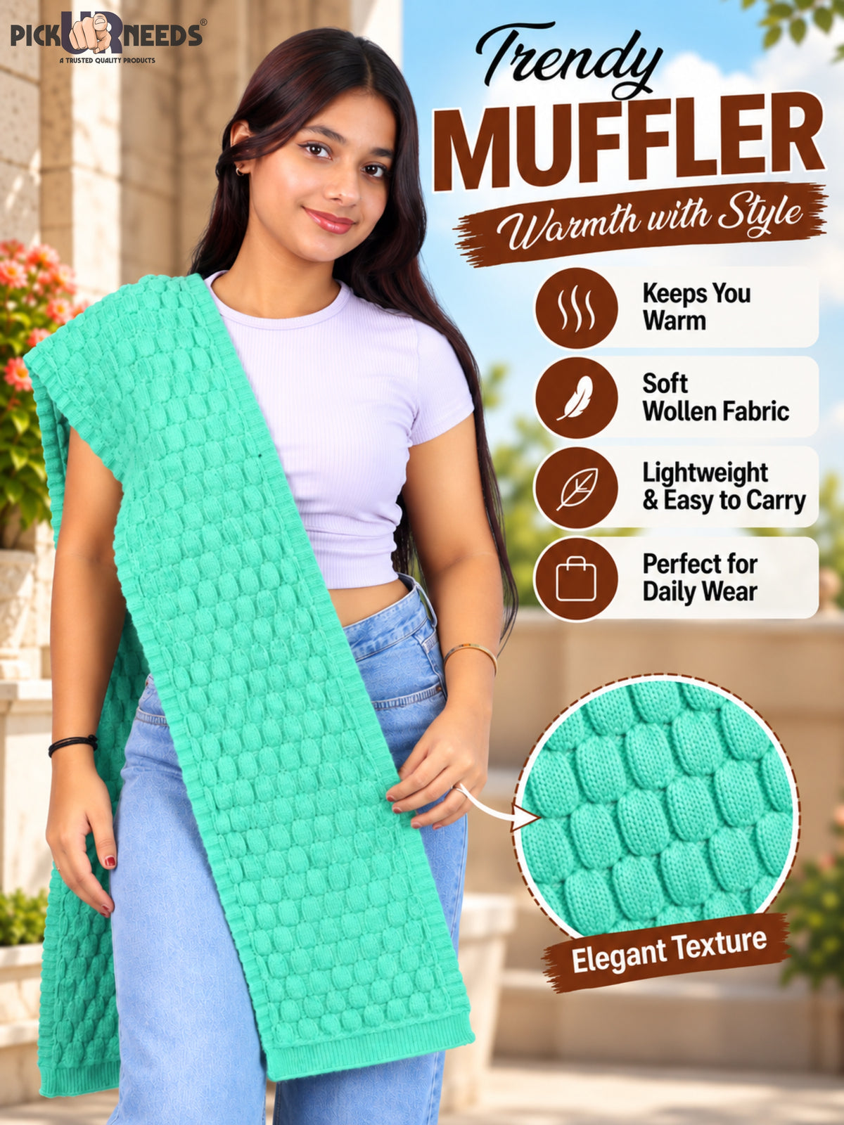 Pick Ur Needs Women and Girls Knitted Winter Muffler, Textured Woollen Scarf with Elegant Woven Pattern, Soft Warm Lightweight Neck Wrap