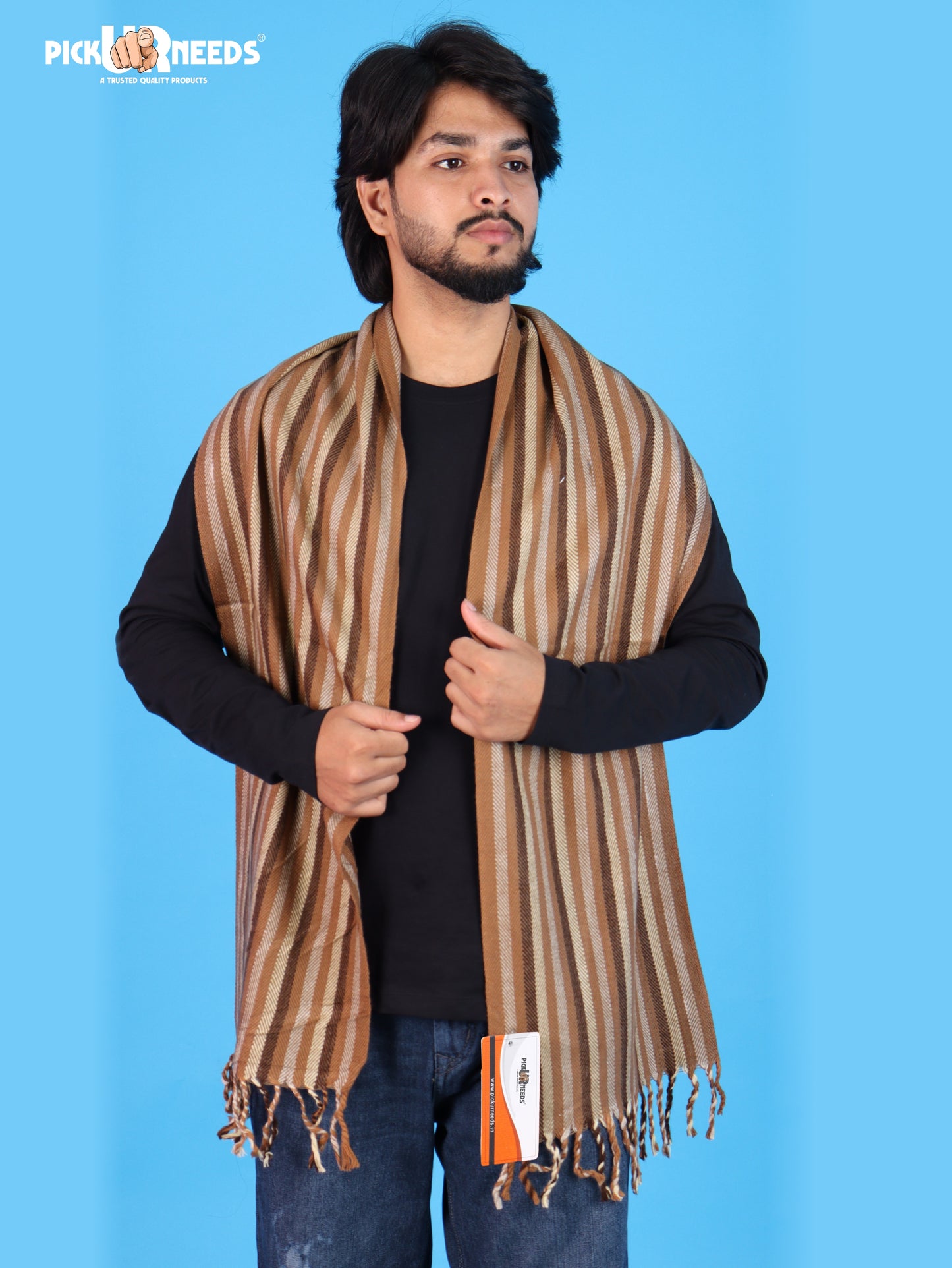 Pick Ur Needs Men's Muffler With Multi Color Strips Design Woolem Blend Fabric Stylish Tussles Ends Muffler For Men