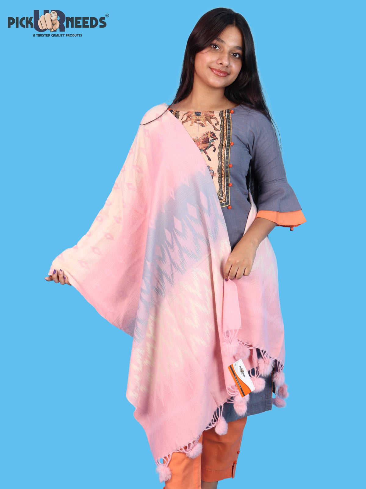 Pick Ur Needs Women Winter Shawl Soft Warm Geometric Printed Woolen Style Stole with Pom Pom Tassels Stylish Long Wrap Muffler for Women & Girls