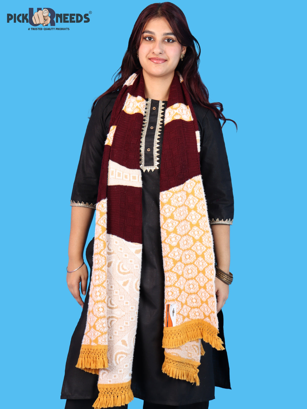 Pick Ur Needs Winter Girls & Womens Woolen Shawl, Soft Warm Printed Wrap with Elegant Pattern & Fringe Border