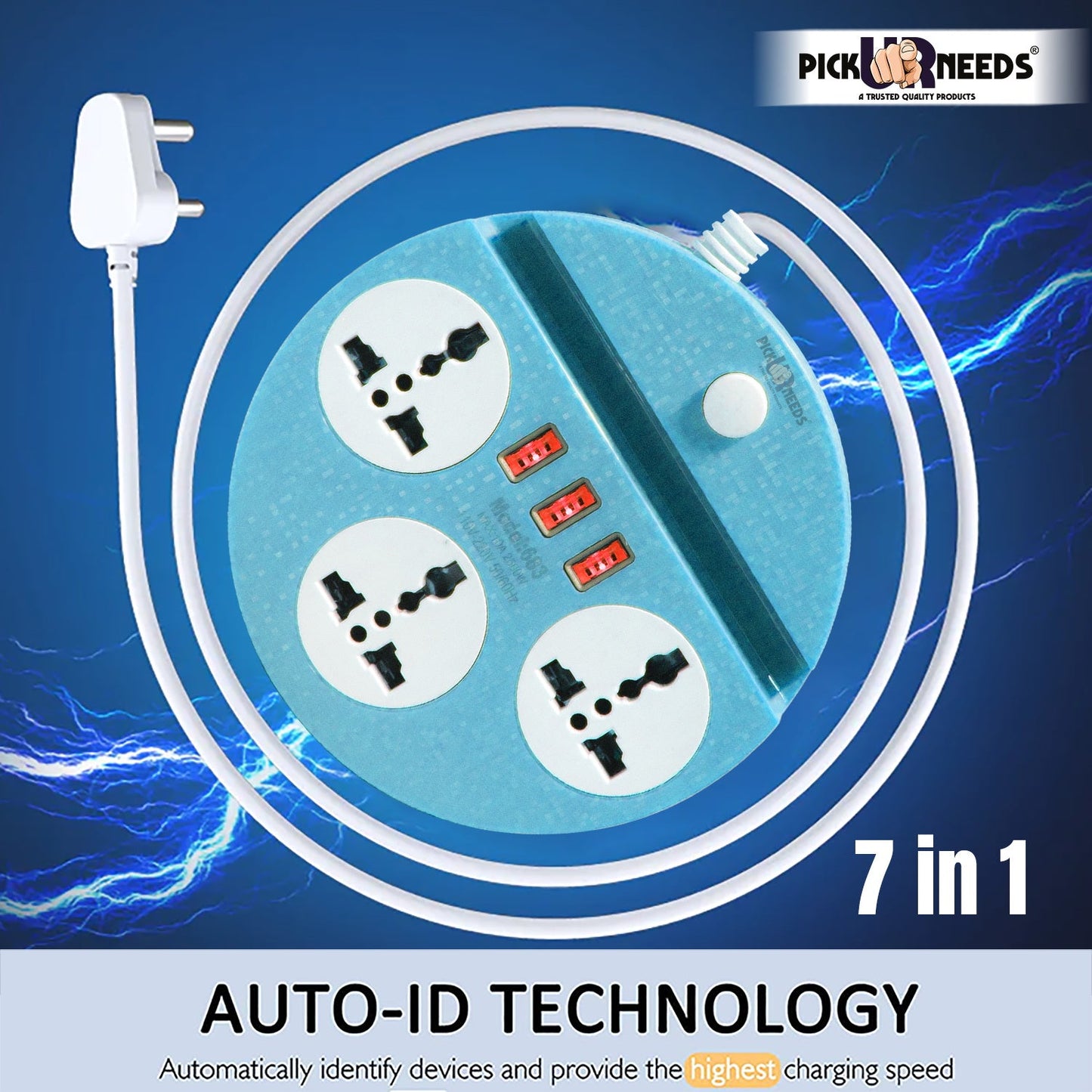 Pick Ur Needs Extension Cord Board with 3 USB Charging Ports and 3 Socket -10 Amp Heavy Duty for Multiple Devices Smartphone Tablet Laptop