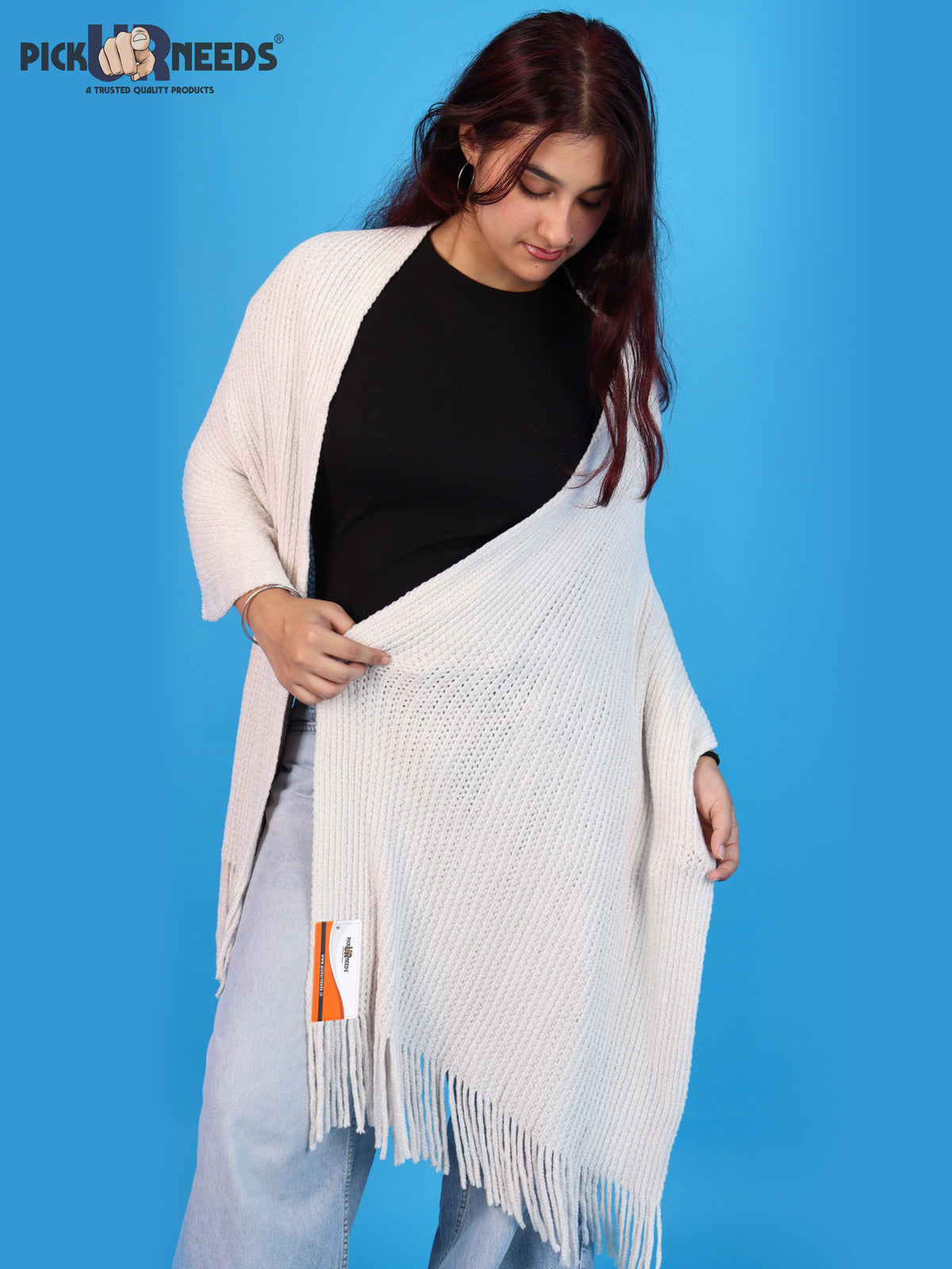 Pick Ur Needs Womens Winter shawl with Soft Plush Texture & Long Fringe Detailing Elegant Wrap for Ladies & Girls Cozy Seasonal Shoulder Cover for Casual, Ethnic & Western Outfits