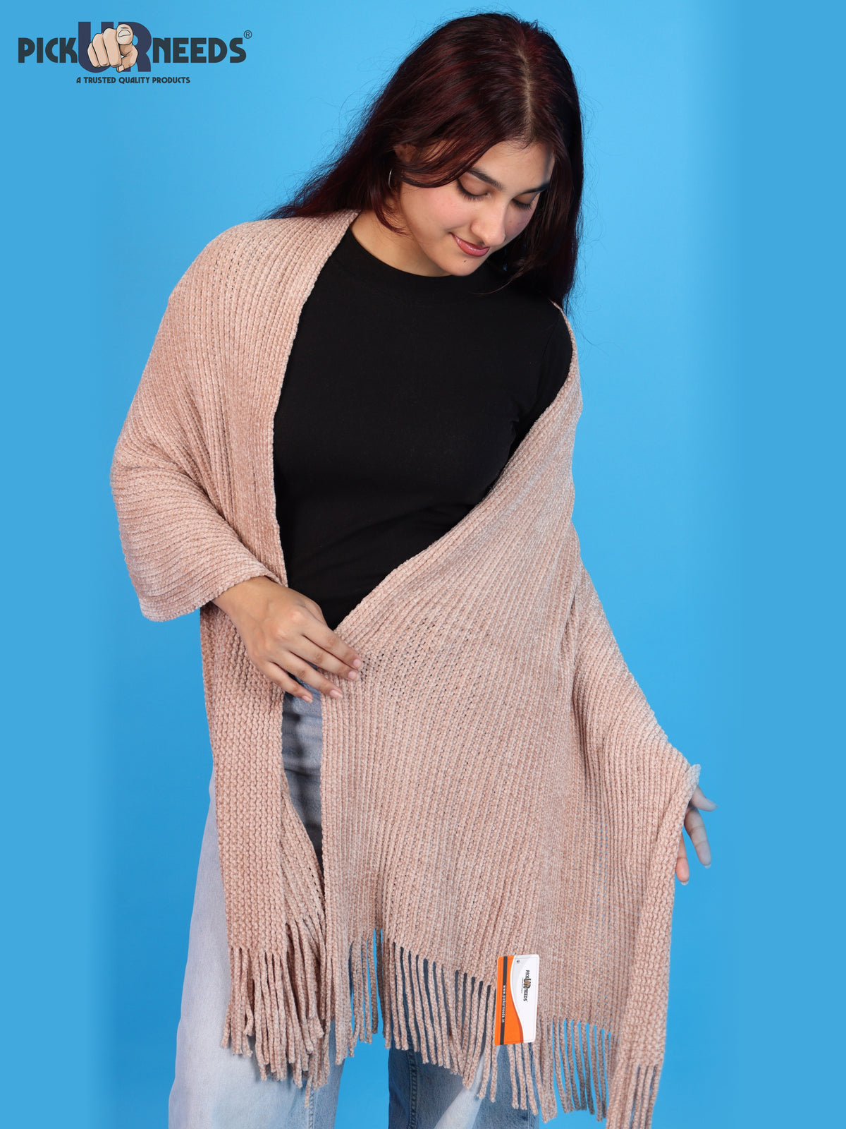 Pick Ur Needs Womens Winter shawl with Soft Plush Texture & Long Fringe Detailing Elegant Wrap for Ladies & Girls Cozy Seasonal Shoulder Cover for Casual, Ethnic & Western Outfits