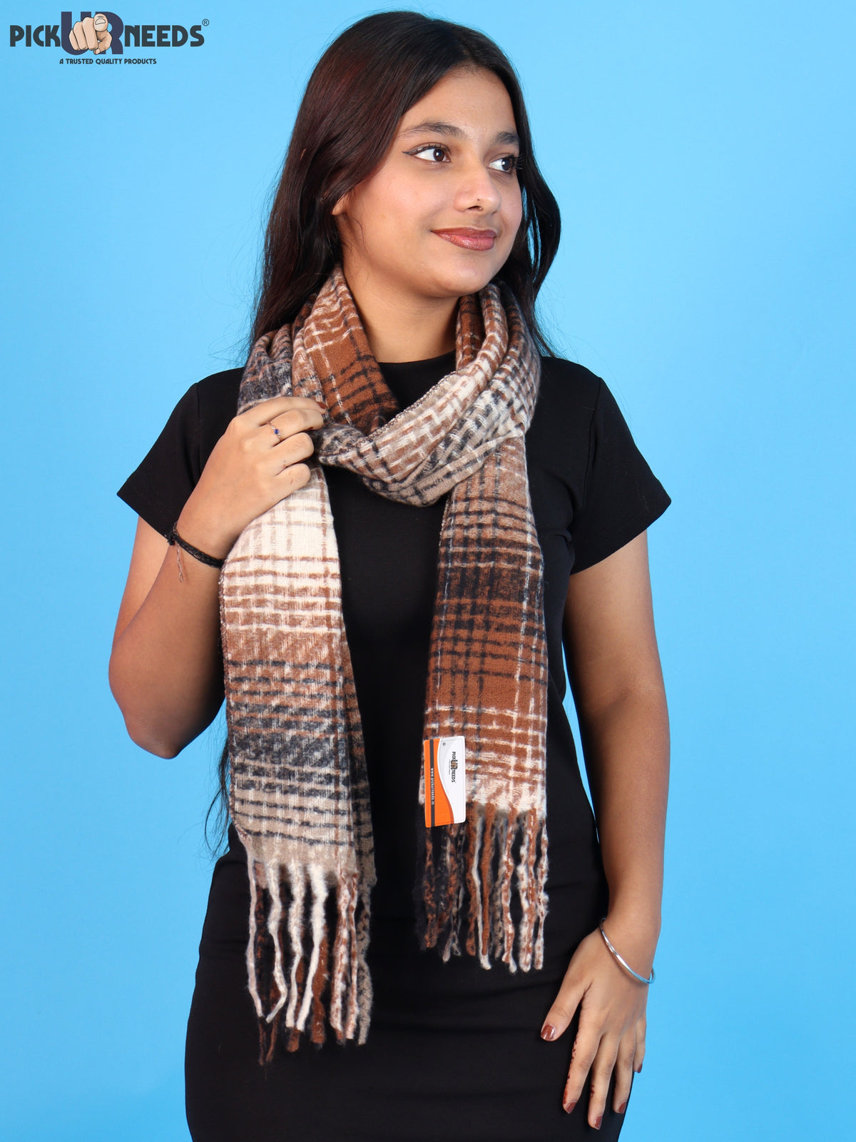 Pick Ur Needs Soft Woolen Girl's Muffler Scarf with Elegant Check Pattern,Warm & Cozy Winter Neck Wrap, Stylish Fringed Stole for Women & Girls