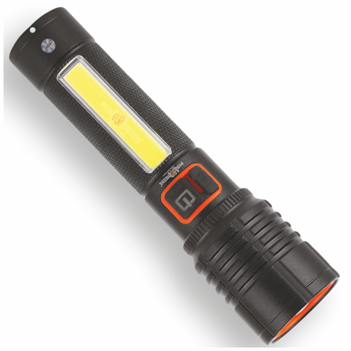 Pick Ur Needs Rechargeable 100W Aluminium Body Home Emergency Mini Search Torch Light Zoomable with 3 Mode + Side COB with 2 Mode 1200mAH Battery