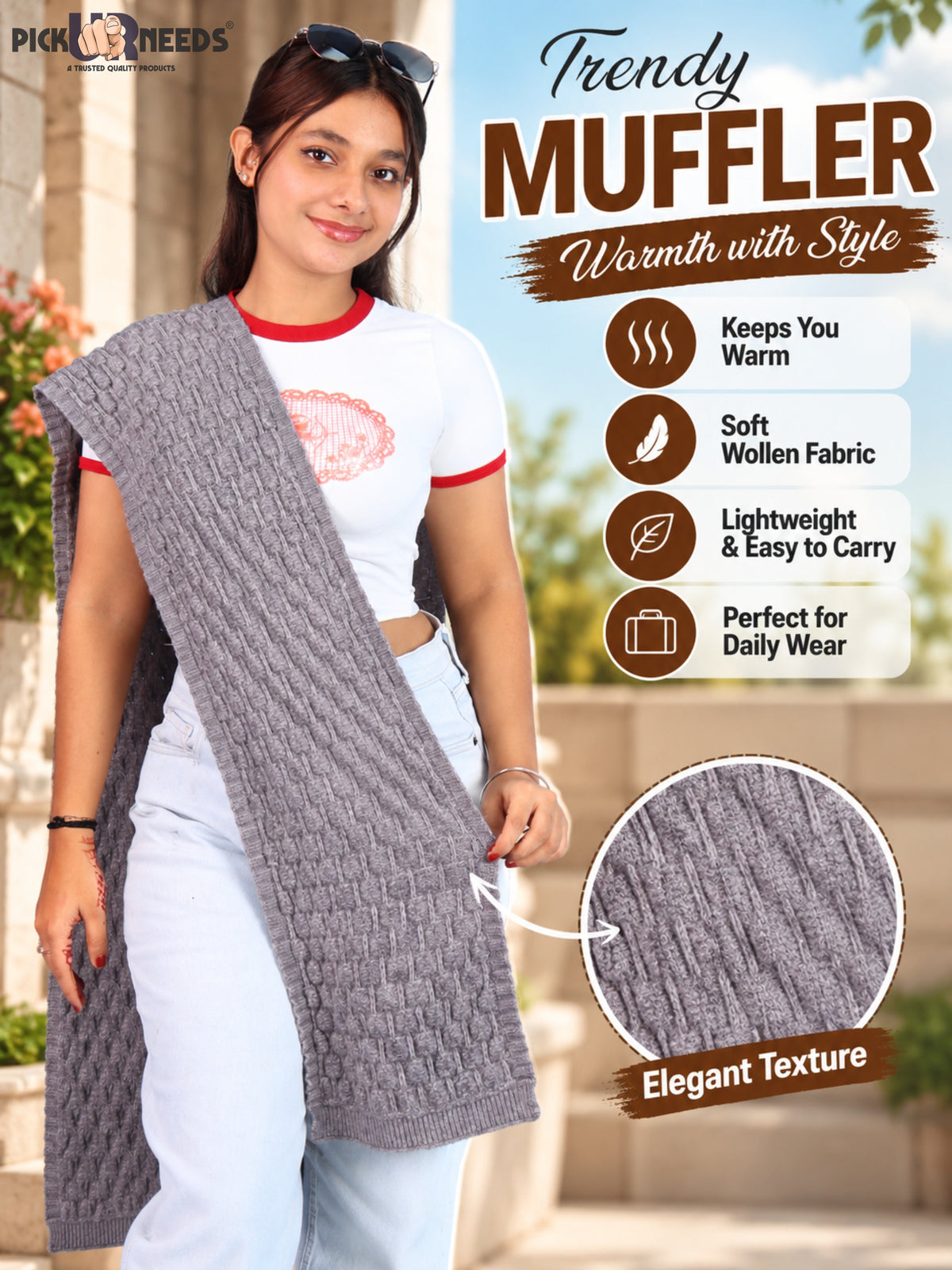 Pick Ur Needs Women and Girls Knitted Winter Muffler, Textured Woollen Scarf with Elegant Woven Pattern, Soft Warm Lightweight Neck Wrap