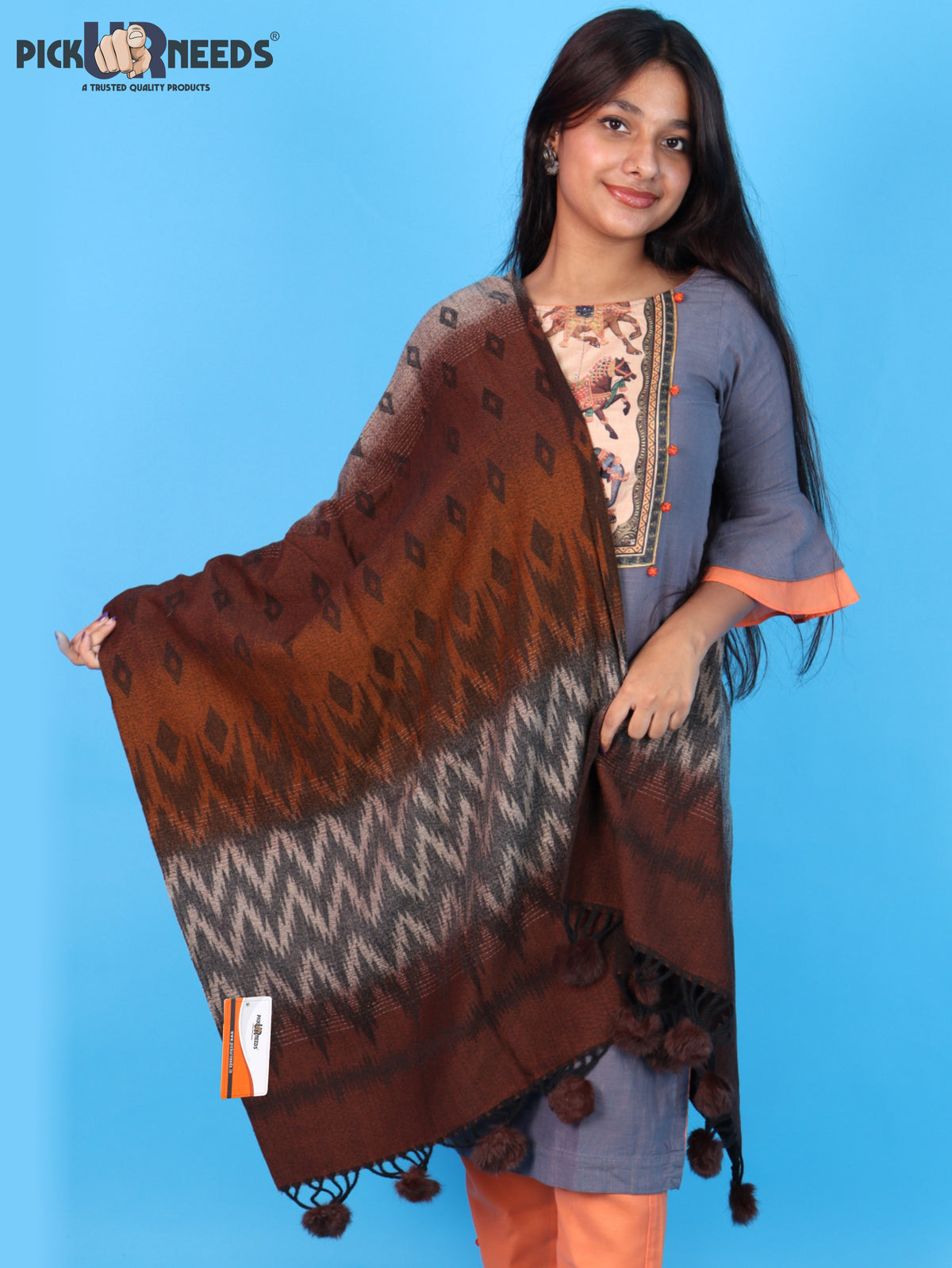 Pick Ur Needs Women Winter Shawl Soft Warm Geometric Printed Woolen Style Stole with Pom Pom Tassels Stylish Long Wrap Muffler for Women & Girls