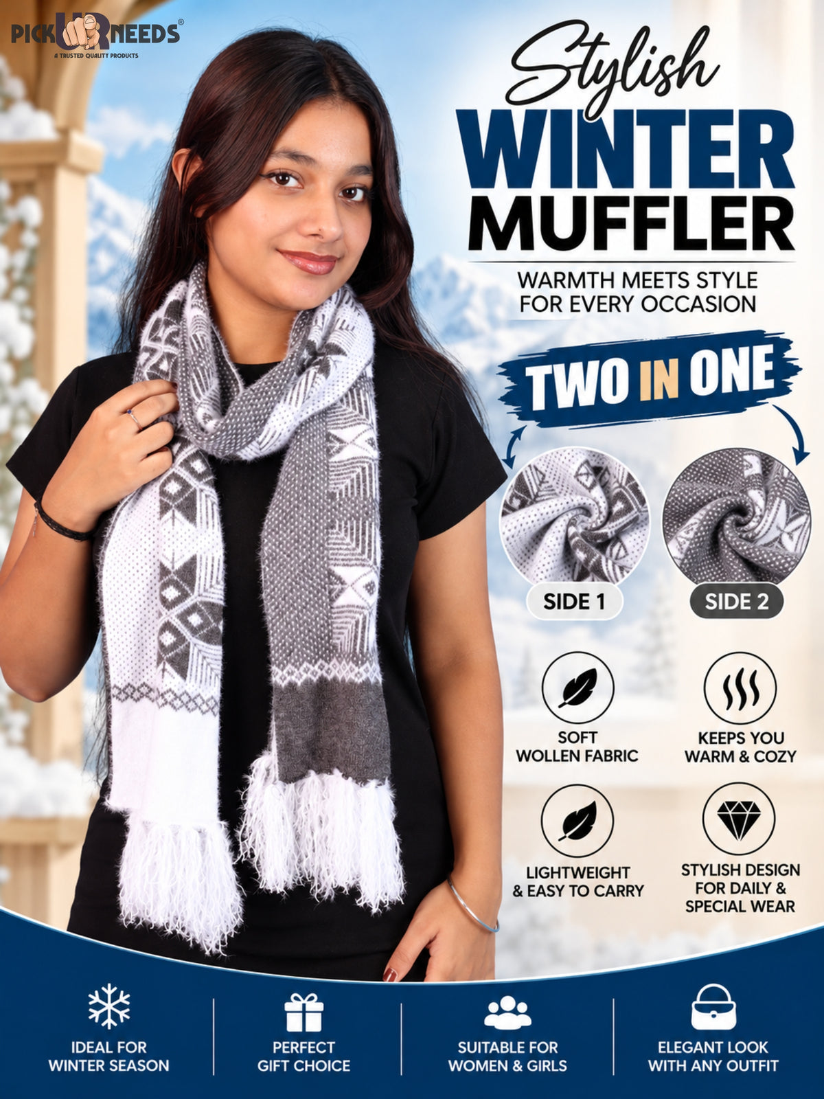 Pick Ur Needs Women & Girls Reversible Knitted Winter Muffler, Soft Warm Woollen Scarf with Geometric Pattern and Tassels, Lightweight Dual-Sided Winter Wrap