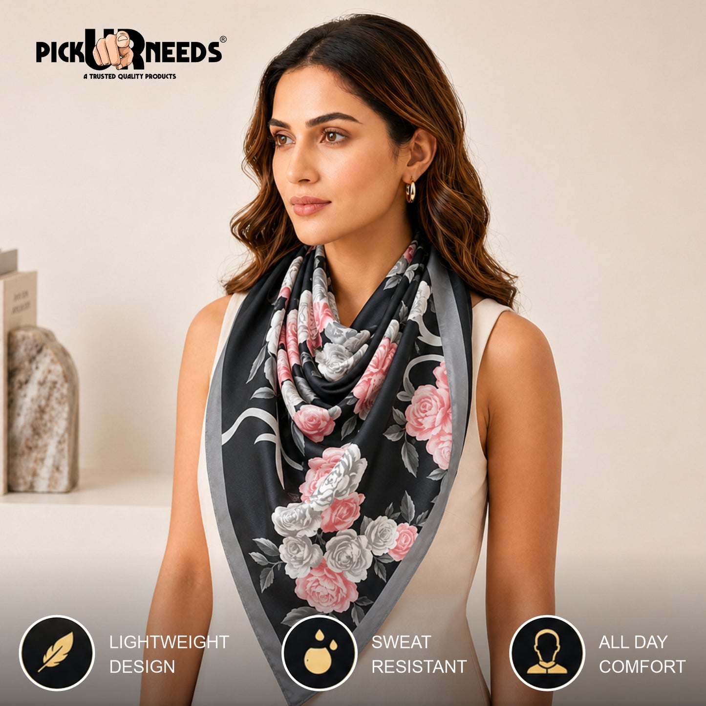 Pick Ur Needs Summer Silk Floral Printed Scarf for Womens & Girls Elegant Neck, Head & Shoulder Wrap Soft Lightweight Fashion Stole