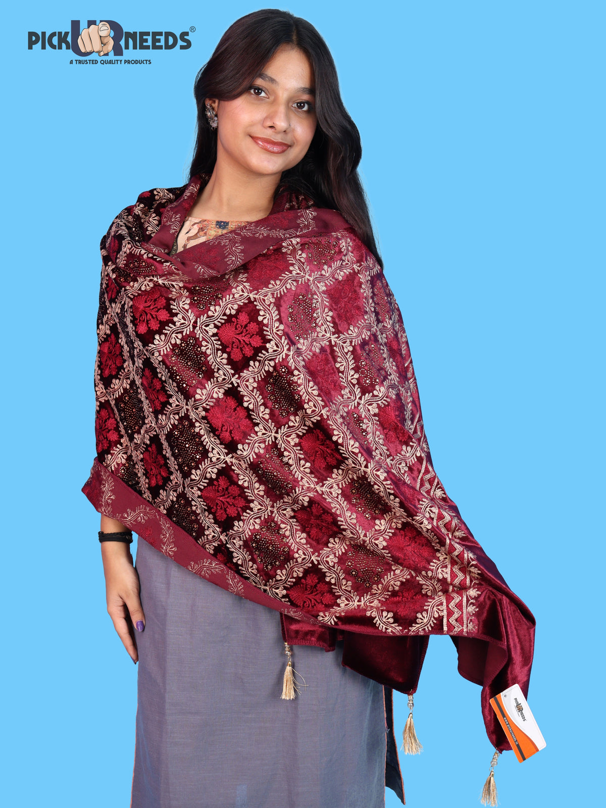 Pick Ur Needs Womens Velvet Woolen Girls Shawl with Elegant Embroidered Design, Warm Winter Wrap for Wedding Parties, Festive Occasions