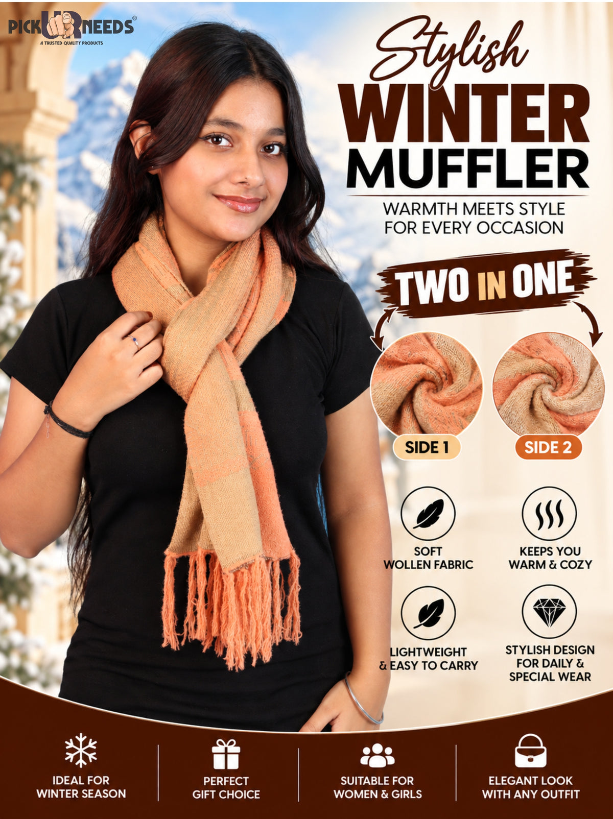 Pick Ur Needs Women & Girls Reversible Knitted Winter Muffler, Soft Warm Woollen Scarf with Geometric Pattern and Tassels, Lightweight Dual-Sided Winter Wrap