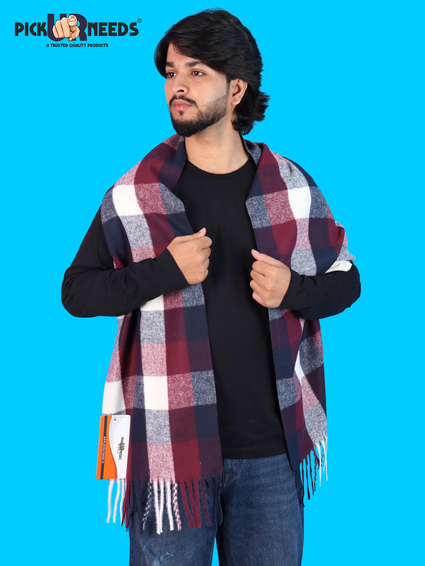 Pick Ur Needs Men’s Winter Muffler Shawl Soft Warm Checkered Scarf with Fringes  Stylish Neck Wrap for Men & Boys  Winter Wear Accessory