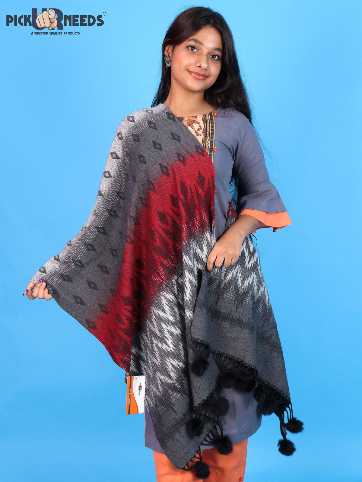 Pick Ur Needs Women Winter Shawl Soft Warm Geometric Printed Woolen Style Stole with Pom Pom Tassels Stylish Long Wrap Muffler for Women & Girls