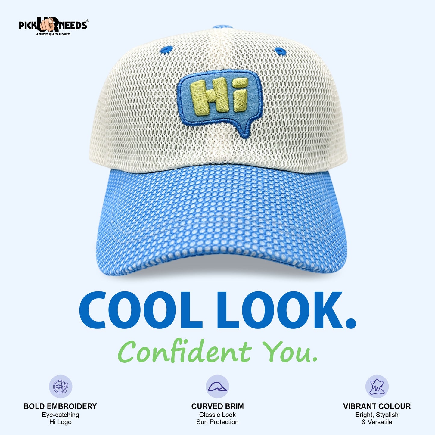 Pick Ur Needs Teenager Stylish Mesh Cap Lightweight Breathable Baseball Hat with “Hi” Embroidery Sun Protection Adjustable Snapback Cap for Boys & Girls
