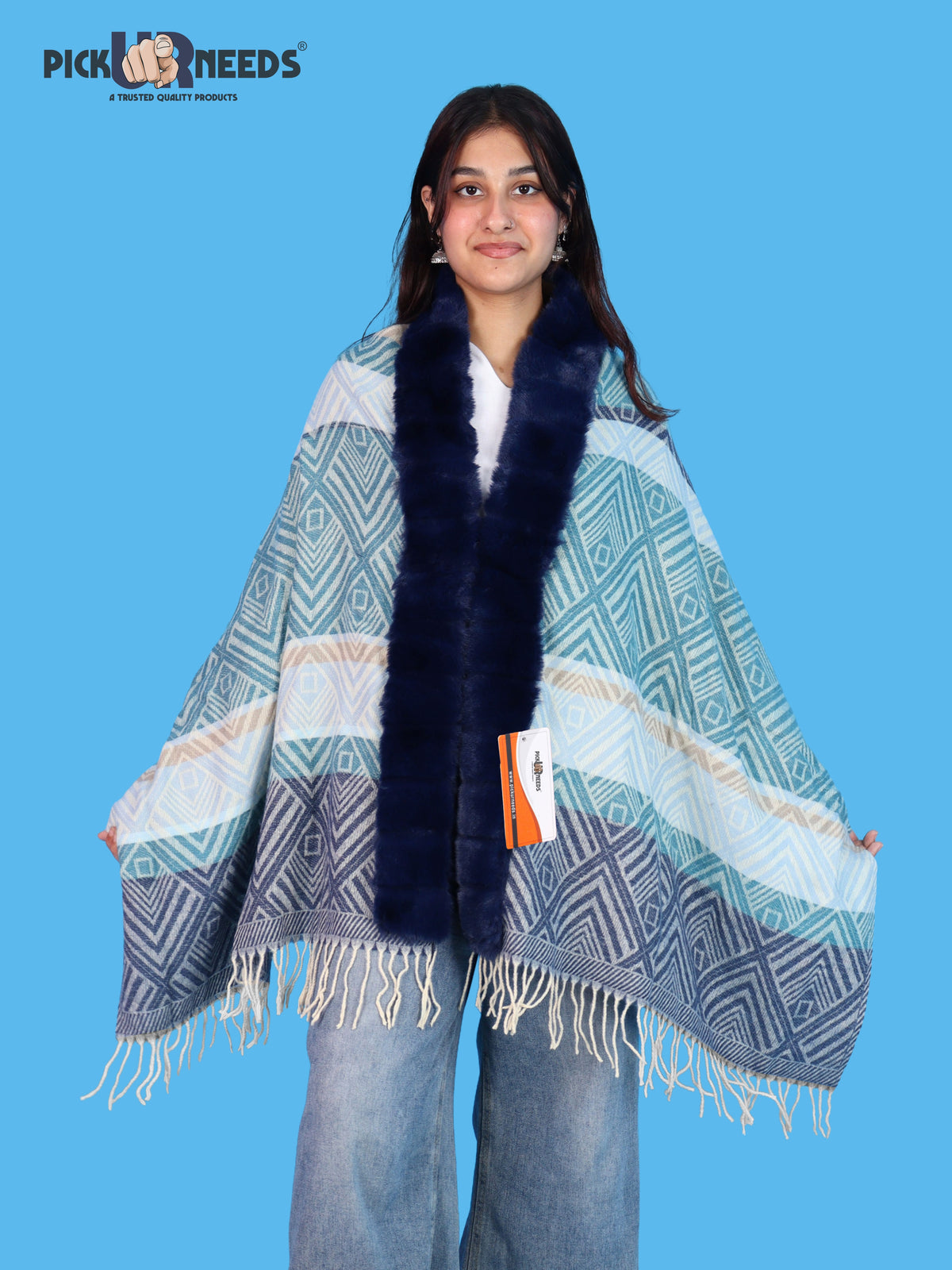 Pick Ur Needs Elegant Winter Soft & Warm Woolen Shawl with Faux Fur Border Multi Color Pattern Scarf