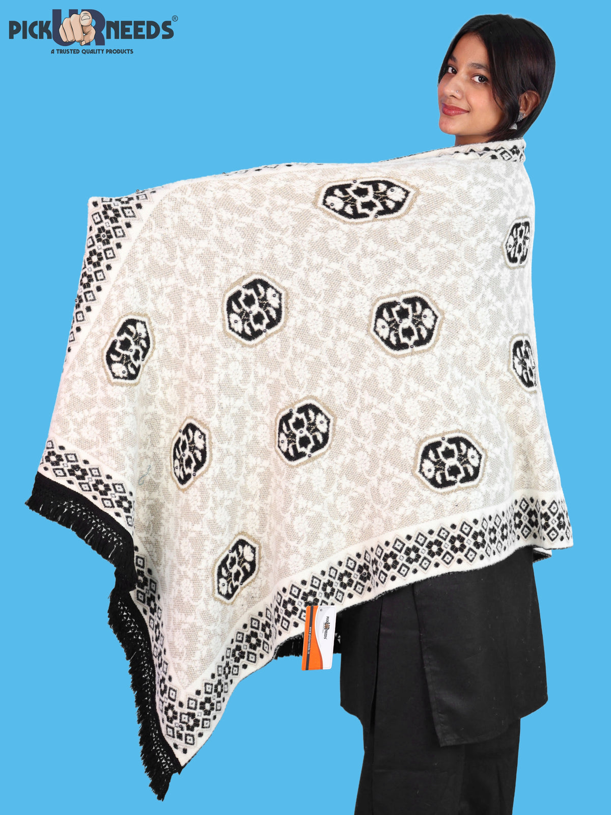 Pick Ur Needs Printed Women’s Woolen Shawl with Elegant Floral Pattern & Fur Border
