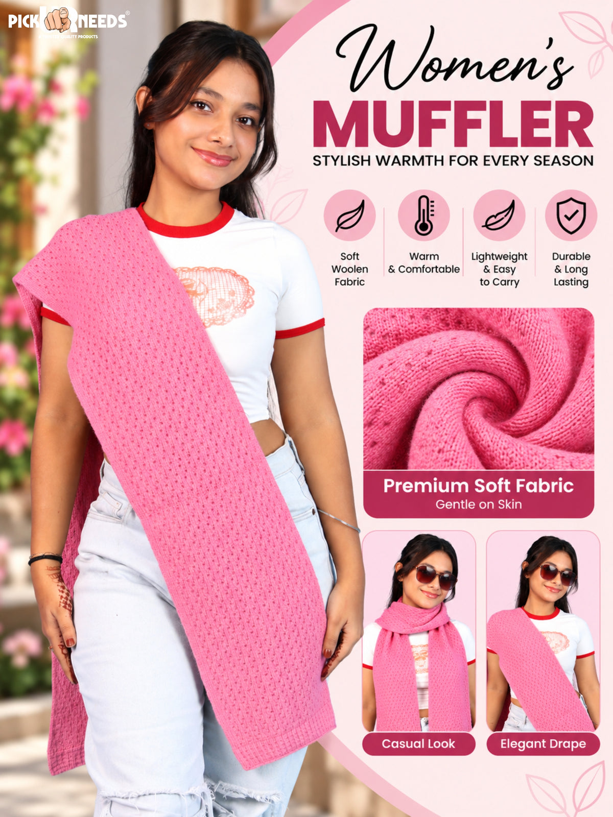 Pick Ur Needs Womens Soft Muffler Scarf, Lightweight Knitted Winter Stole, Warm & Cozy Long Neck Wrap for Women & Girls
