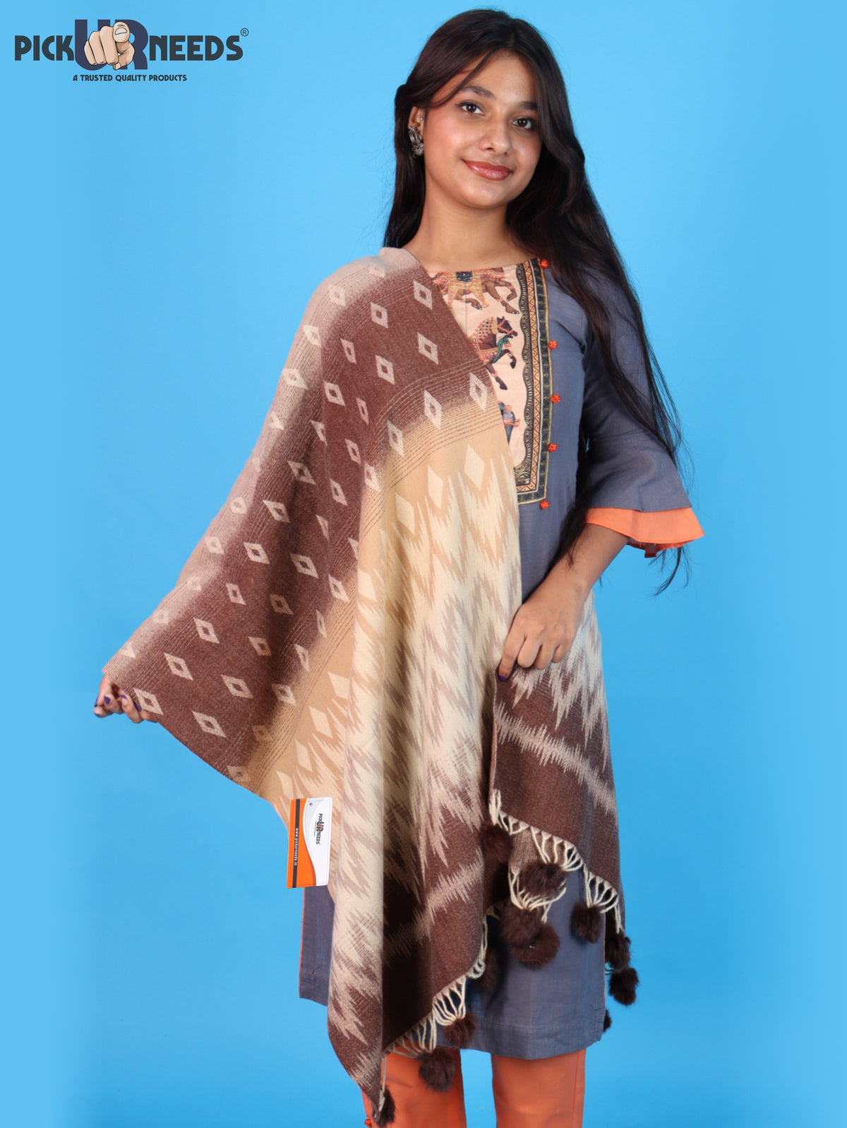 Pick Ur Needs Women Winter Shawl Soft Warm Geometric Printed Woolen Style Stole with Pom Pom Tassels Stylish Long Wrap Muffler for Women & Girls