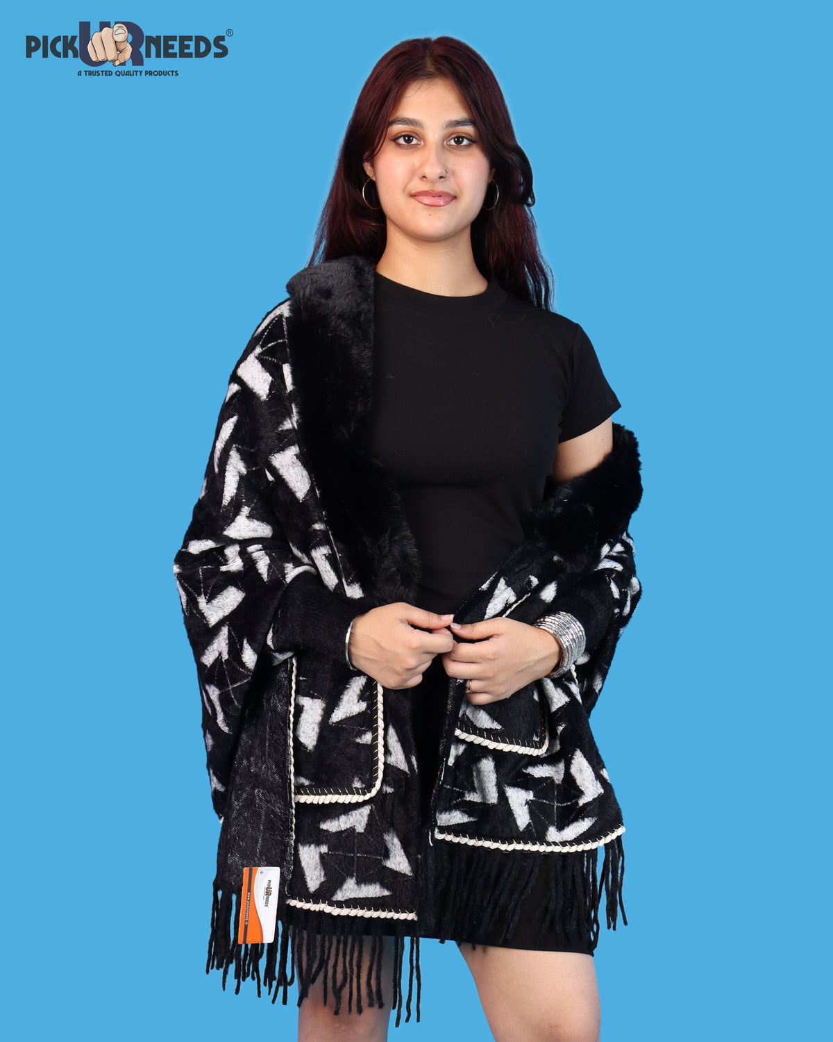 Pick Ur Needs Womens Warm Woolen Girls Shawl with Fur Collar, Elegant Printed Winter Wrap with Decorative Border & Tassel, Stylish Shoulder Stole for Wedding Party