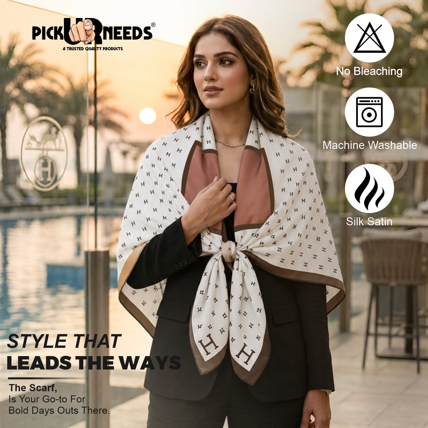 Pick Ur Needs Elegant Womens Premium Printed Satin Silk Feel Square Neck & Head Girls Scarf