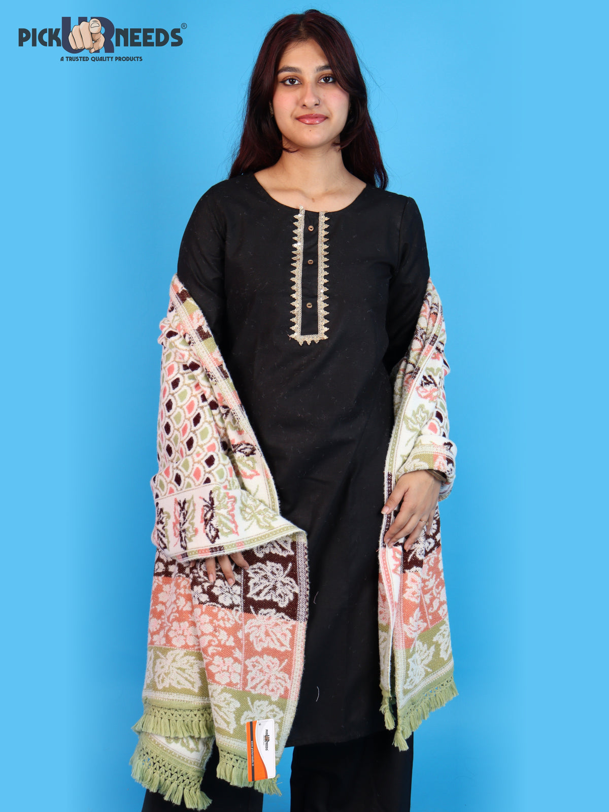 Pick Ur Needs Womens & Girls Winter Premium Shawl Floral Patterned Wool Blend Wrap with Decorative Border & Fringe Finish