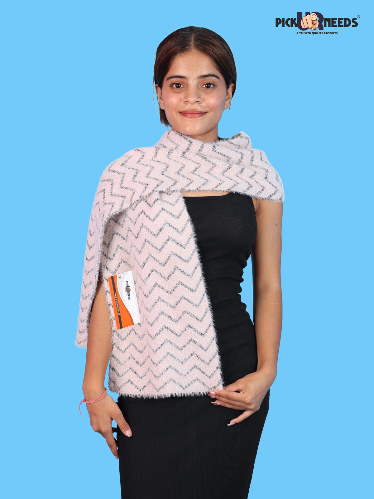 Pick Ur Needs Premium Woolen Winter Muffler with Gold Zigzag Pattern | Soft, Warm & Stylish Scarf for Women