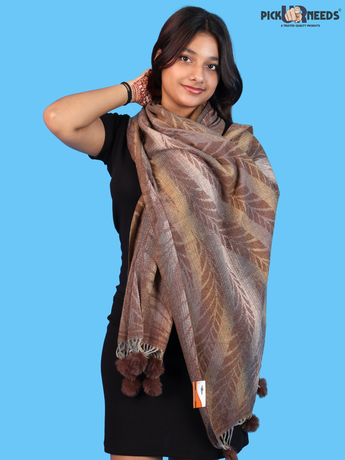 Pick Ur Needs Womens Designer Woolen Shawl & Stole with Elegant Leaf Pattern and Pom Pom Tassels, Winter Soft Warm Lightweight Winter Wrap