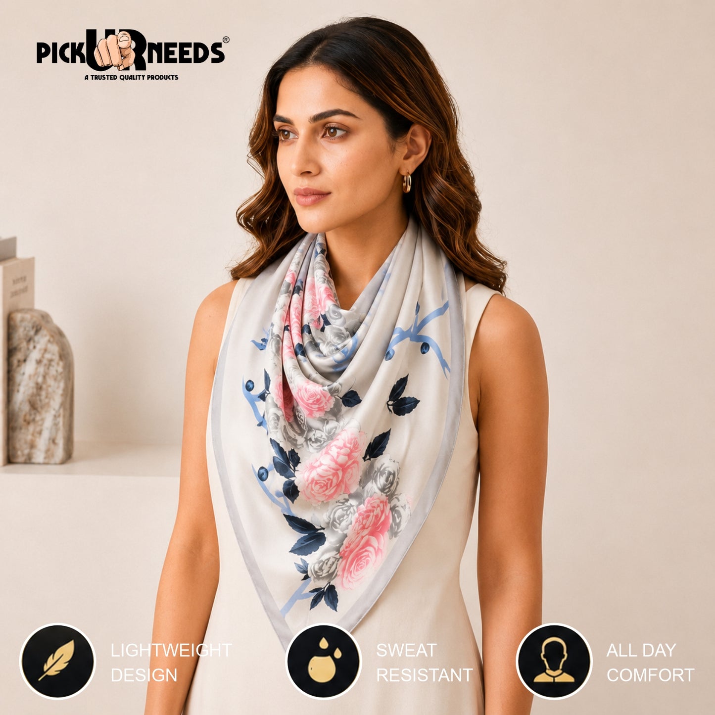 Pick Ur Needs Summer Silk Floral Printed Scarf for Womens & Girls Elegant Neck, Head & Shoulder Wrap Soft Lightweight Fashion Stole